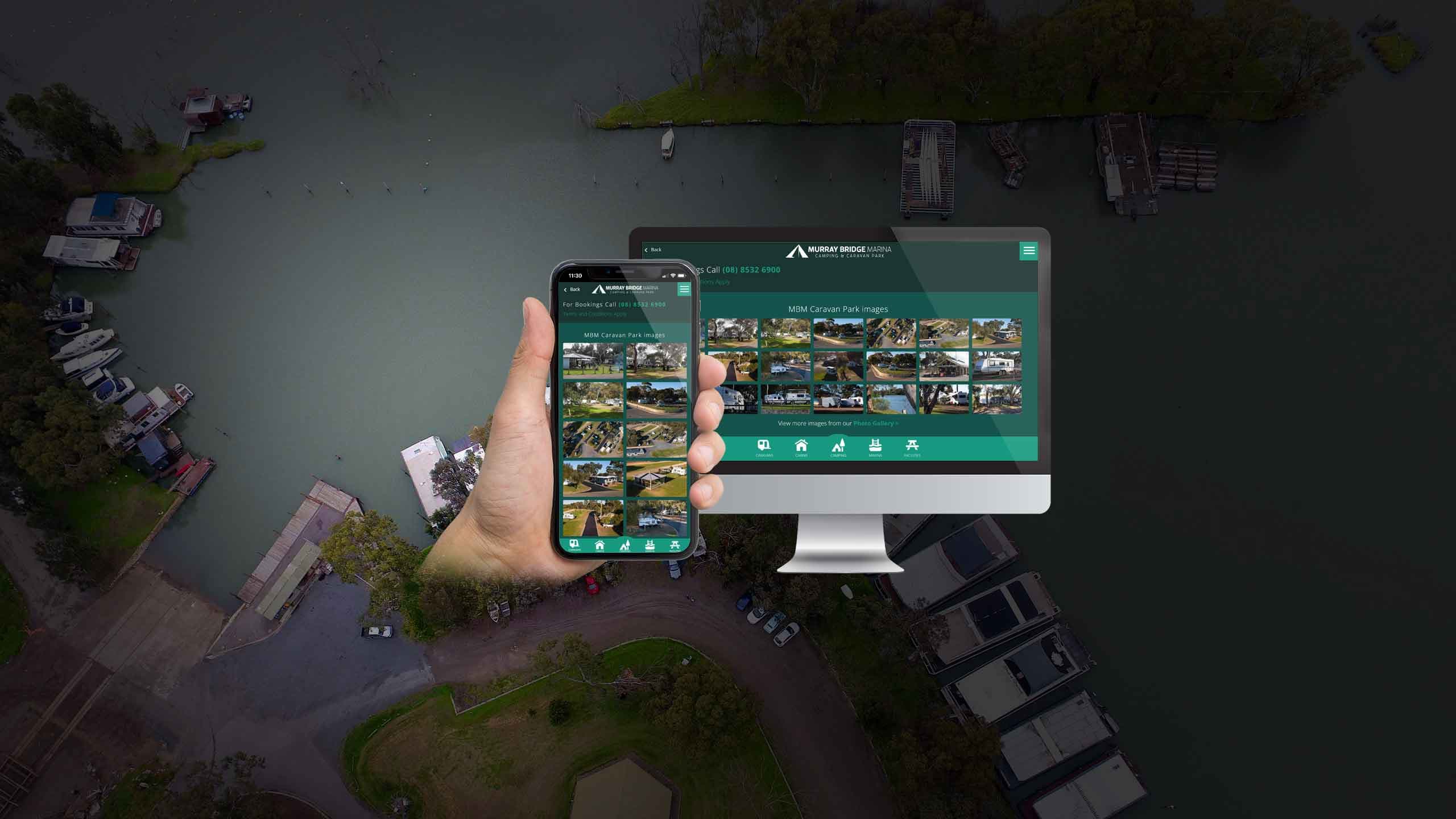 Murray Bridge Marina photo gallery displayed on a desktop monitor and smartphone over an aerial marina view