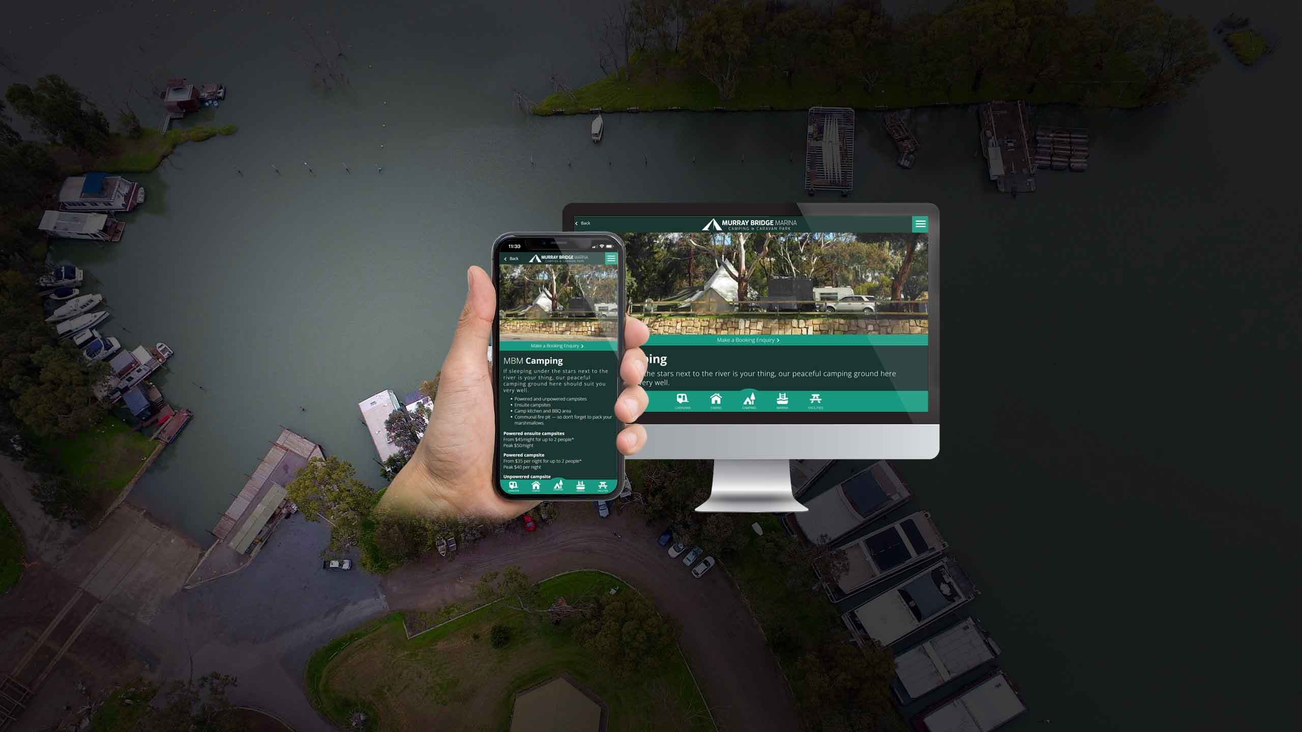Murray Bridge Marina camping page displayed on a desktop monitor and smartphone over an aerial marina view