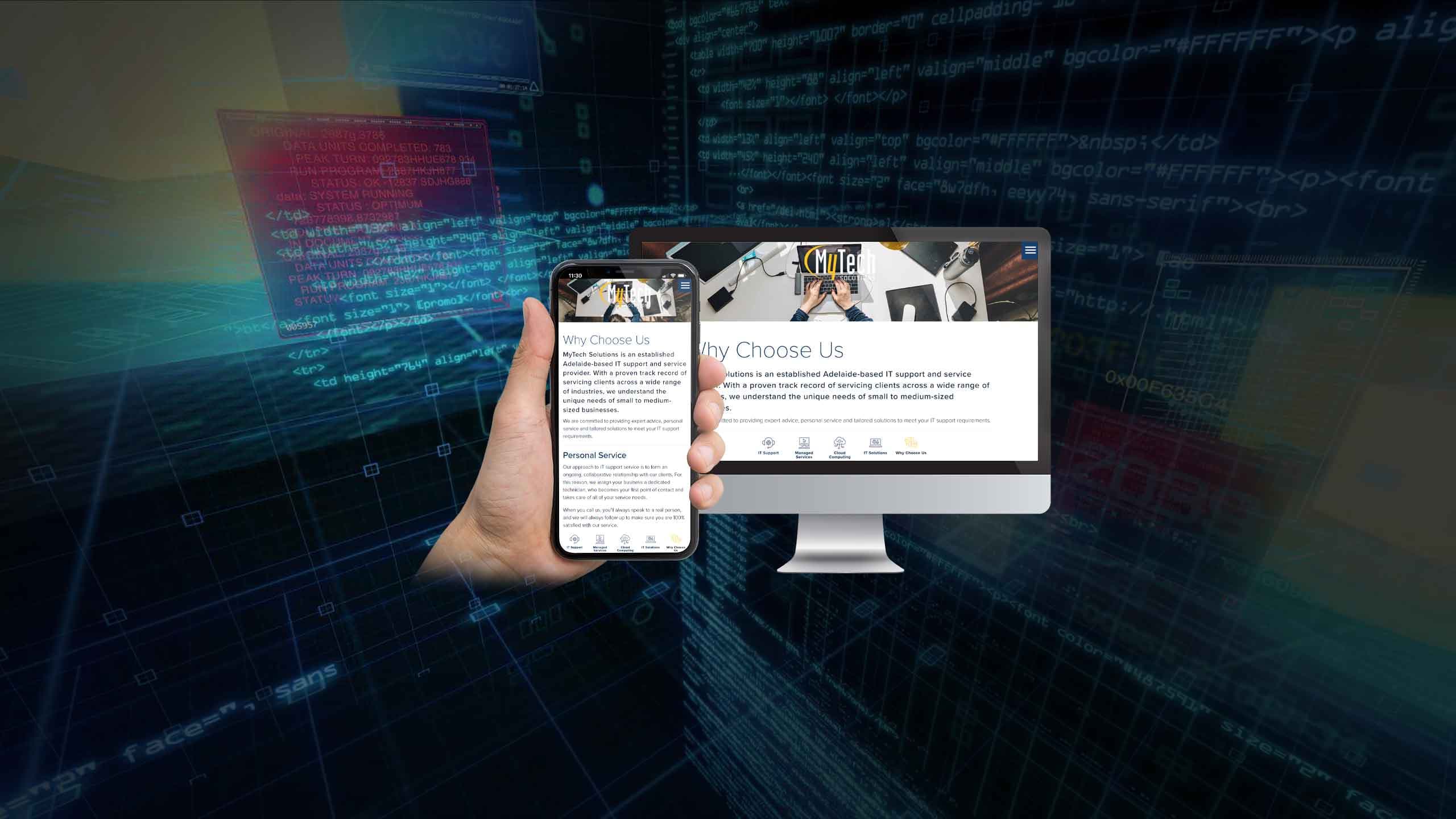 MyTech Solutions Why Choose Us page mockup on a desktop monitor and smartphone against a tech background