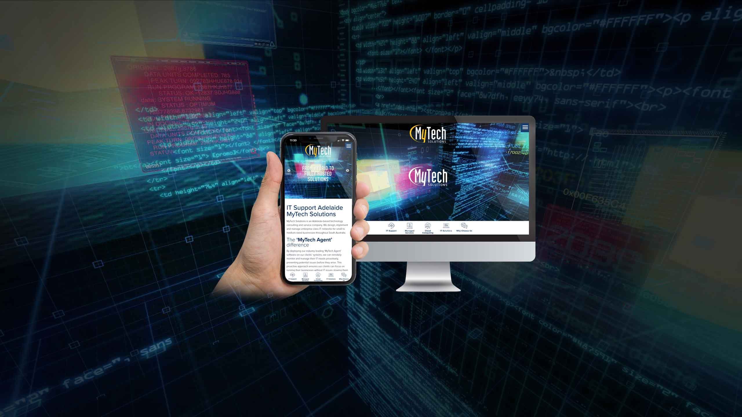 MyTech Solutions homepage mockup on a desktop monitor and smartphone against a digital tech background