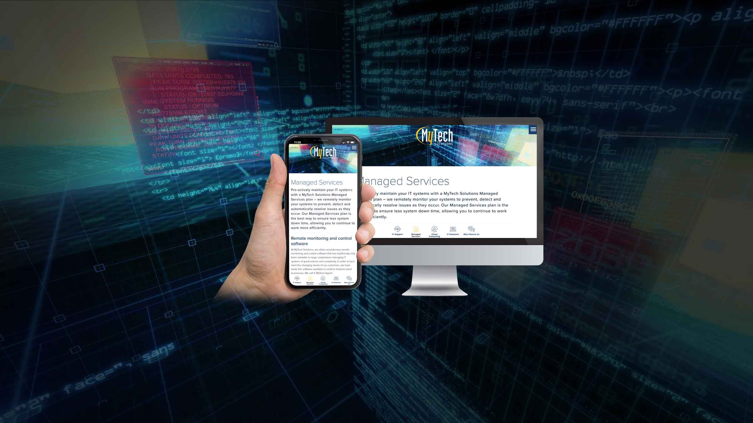 MyTech Solutions Managed Services page mockup on a desktop monitor and smartphone against a tech background