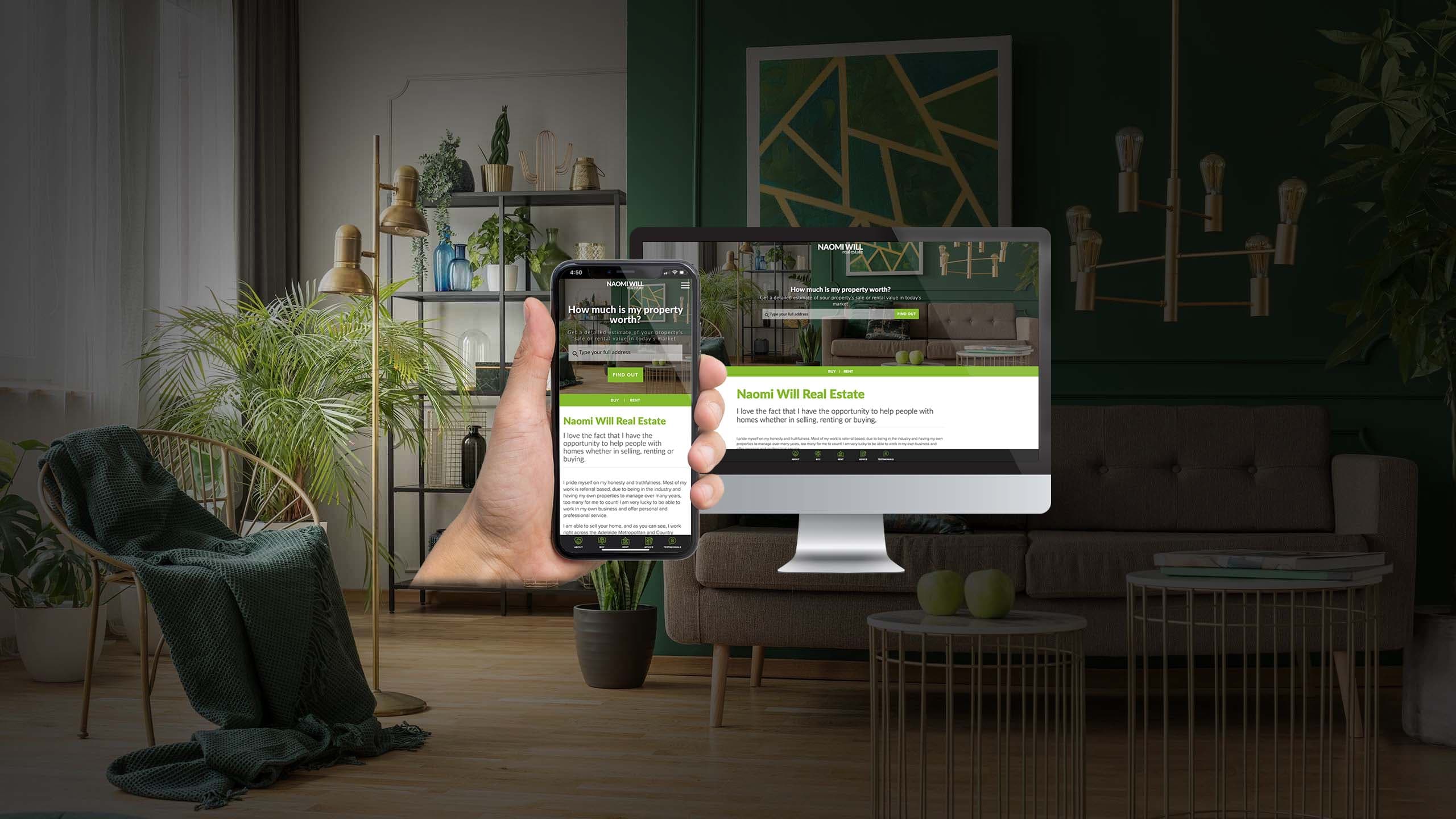 Naomi Will Real Estate website homepage on desktop and mobile over a living room interior