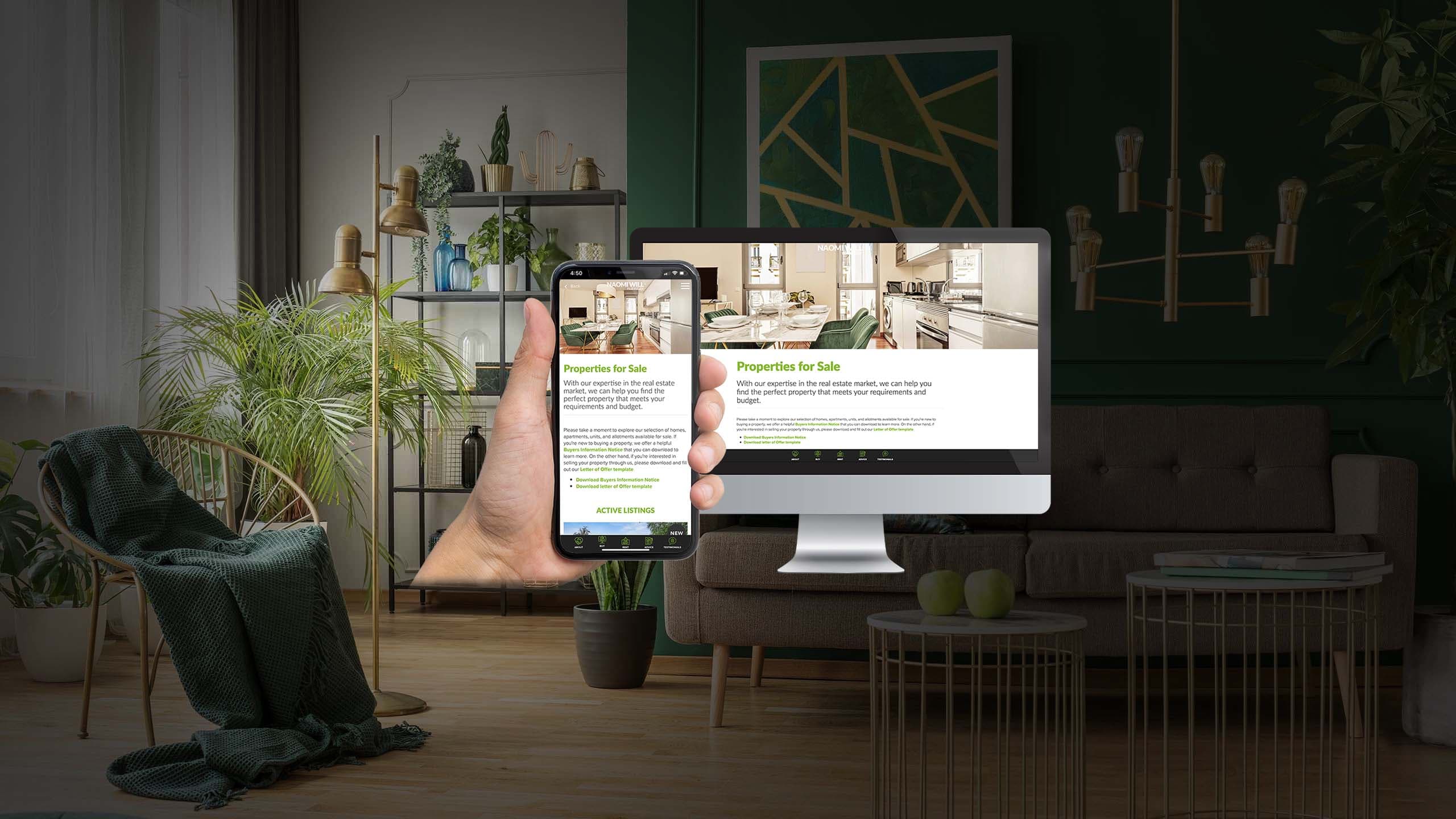 Naomi Will Real Estate website Properties for Sale page on desktop and mobile over a kitchen interior