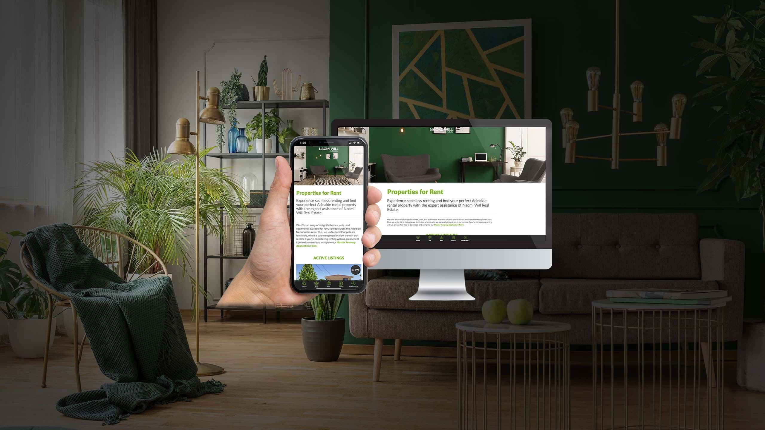 Naomi Will Real Estate website Properties for Rent page on desktop and mobile over a living room interior
