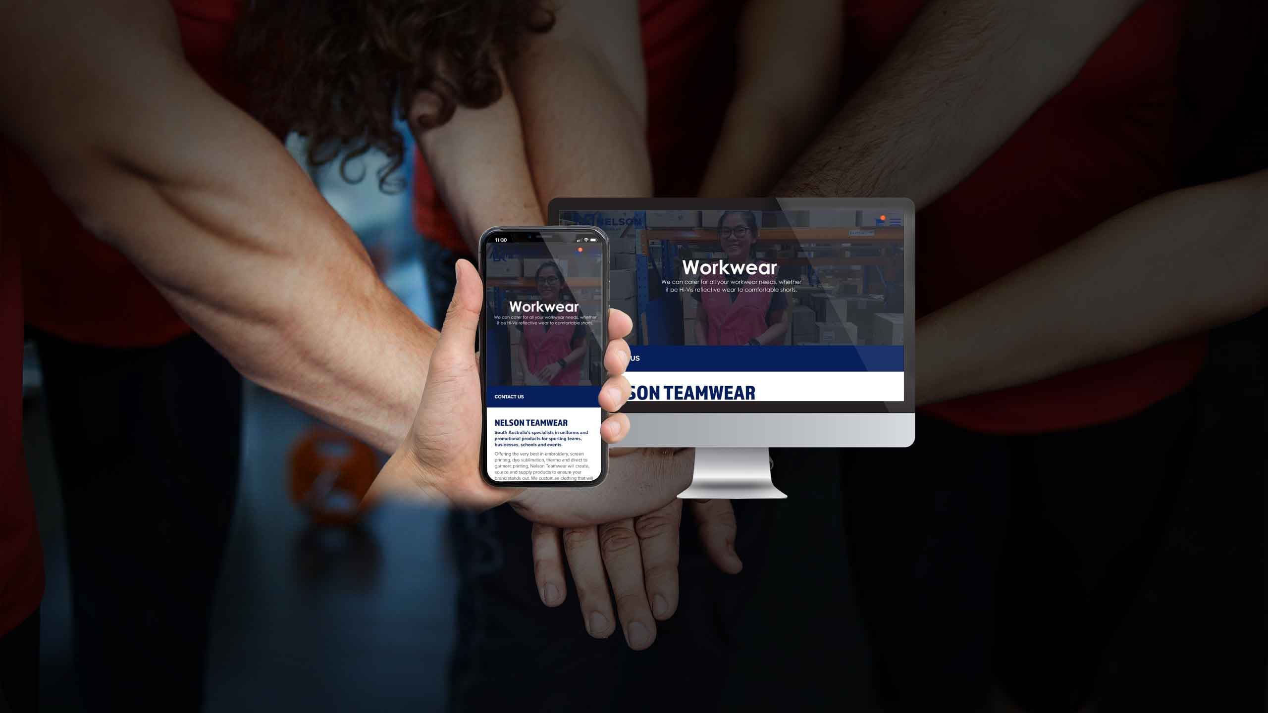 Nelson Teamwear website displayed on desktop and mobile over a sports team huddle photo