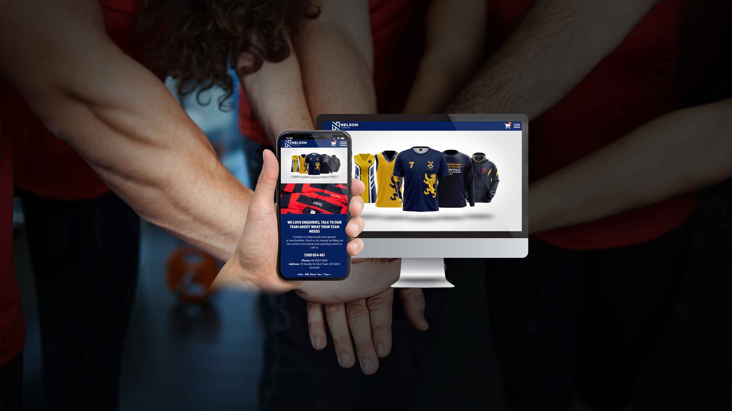 Nelson Teamwear product catalogue displayed on desktop and mobile over a team huddle photo
