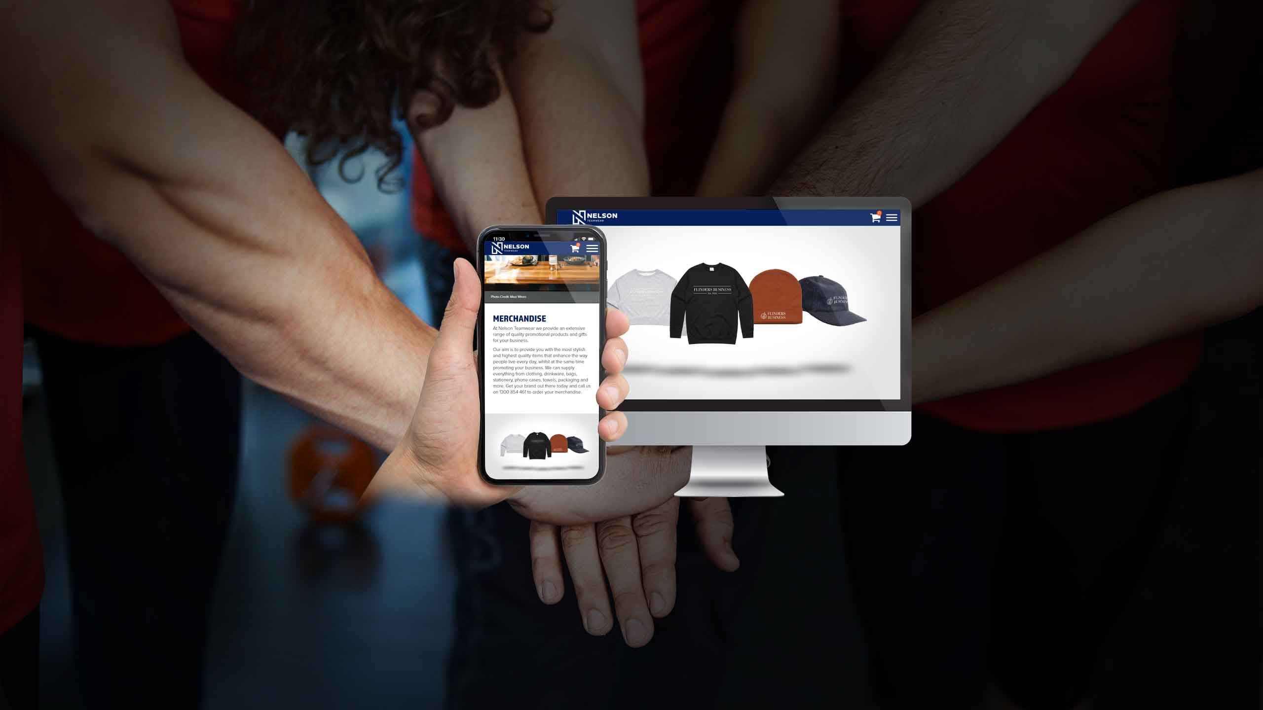 Nelson Teamwear merchandise page displayed on desktop and mobile over a team huddle photo