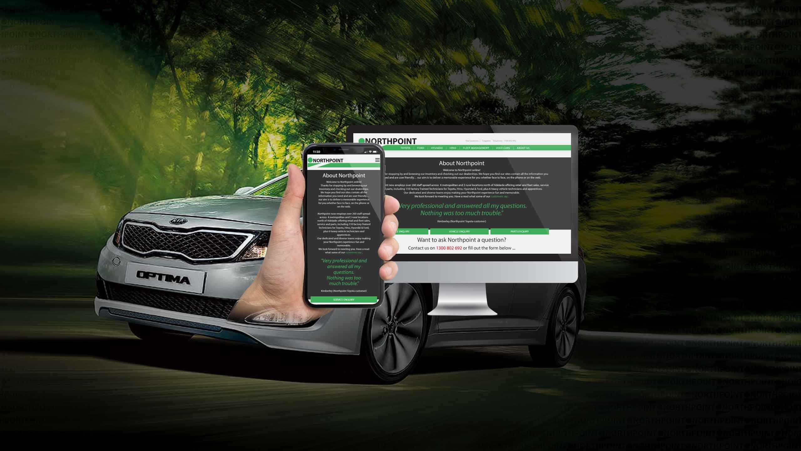 Northpoint website displayed on desktop and mobile over a car driving a forest road
