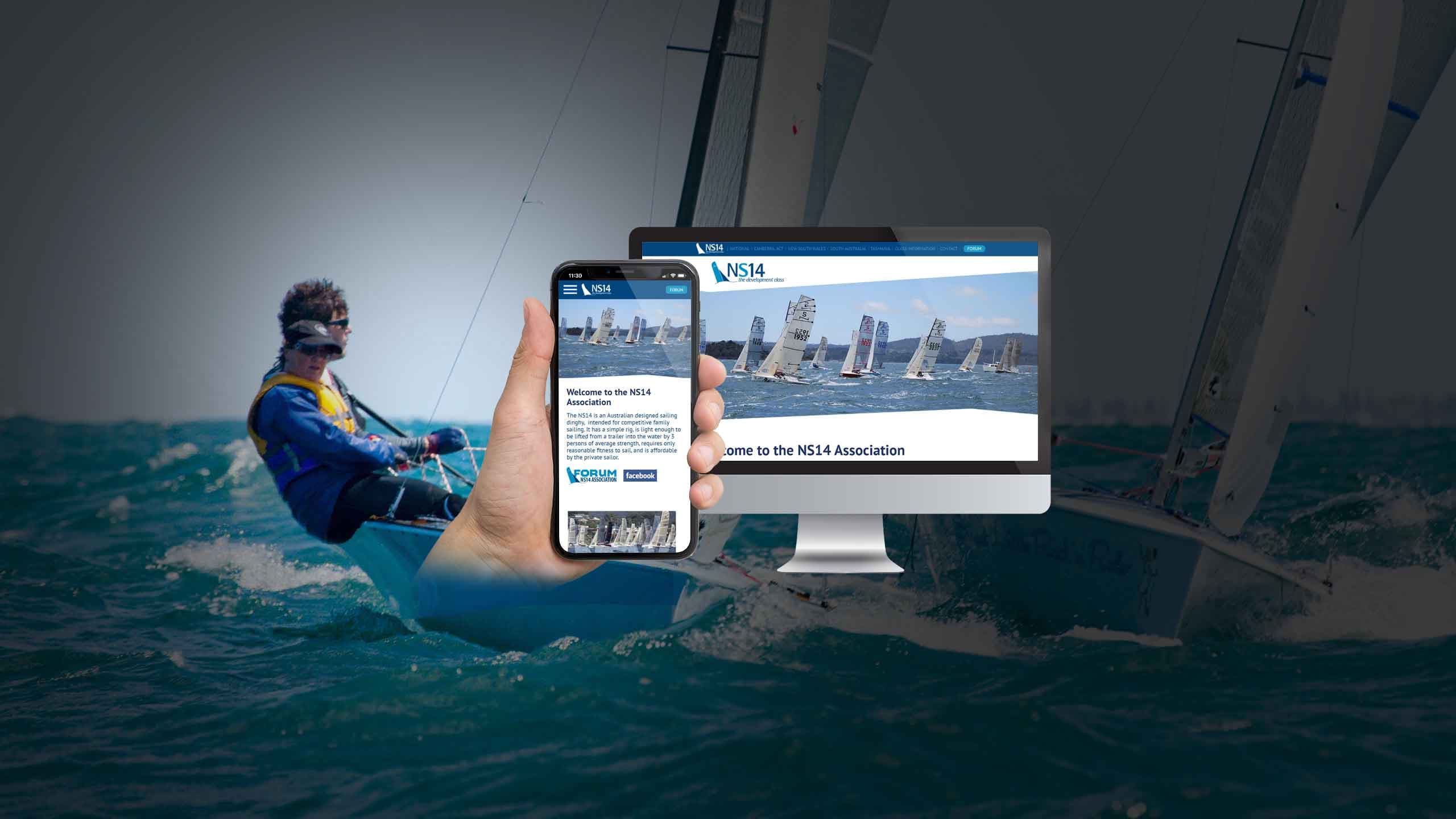 NS14 Sailing Association homepage on desktop and mobile screens over a dinghy sailor in action