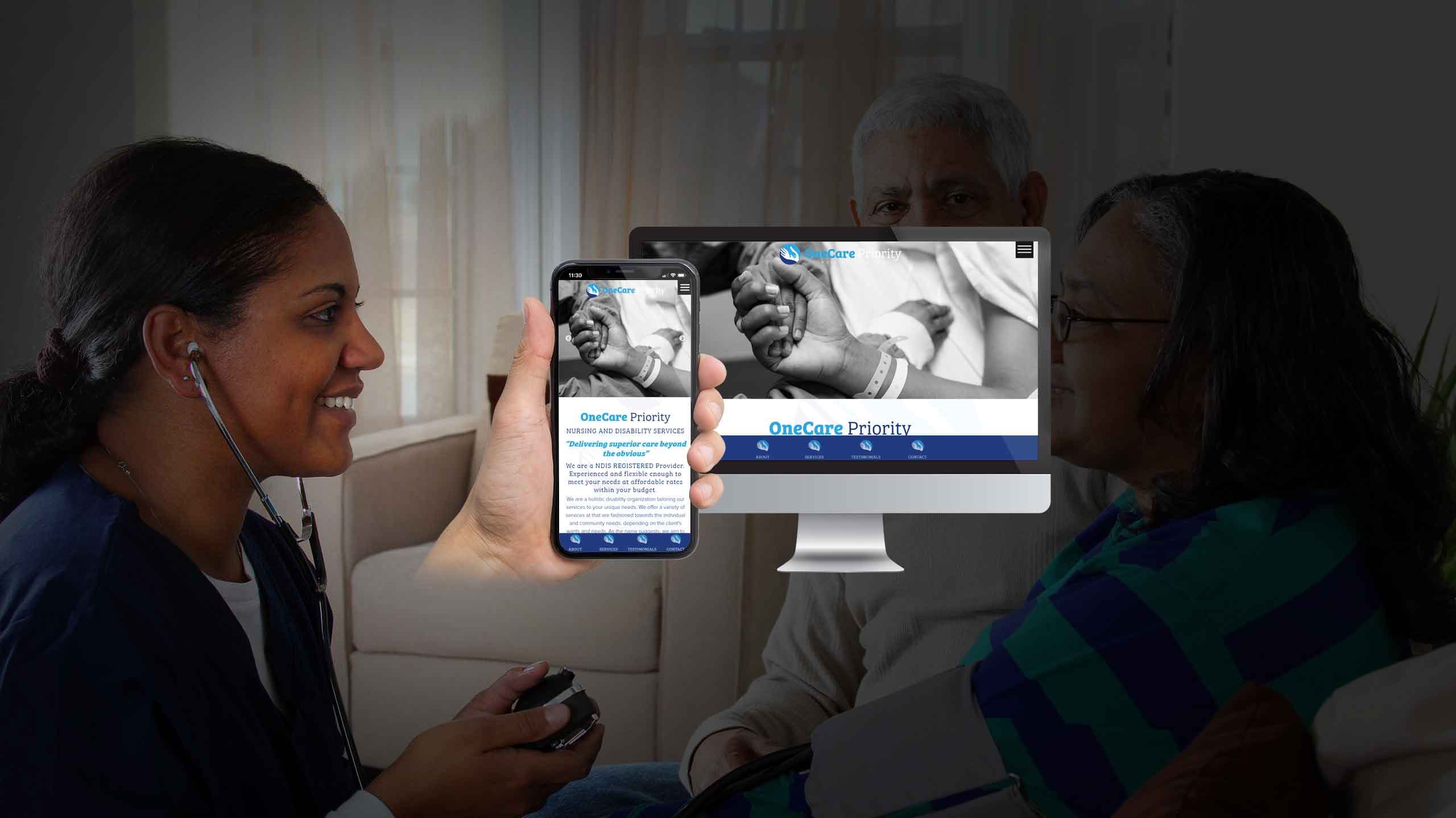 OneCare Priority website on a desktop monitor and smartphone, with a nurse caring for an elderly couple