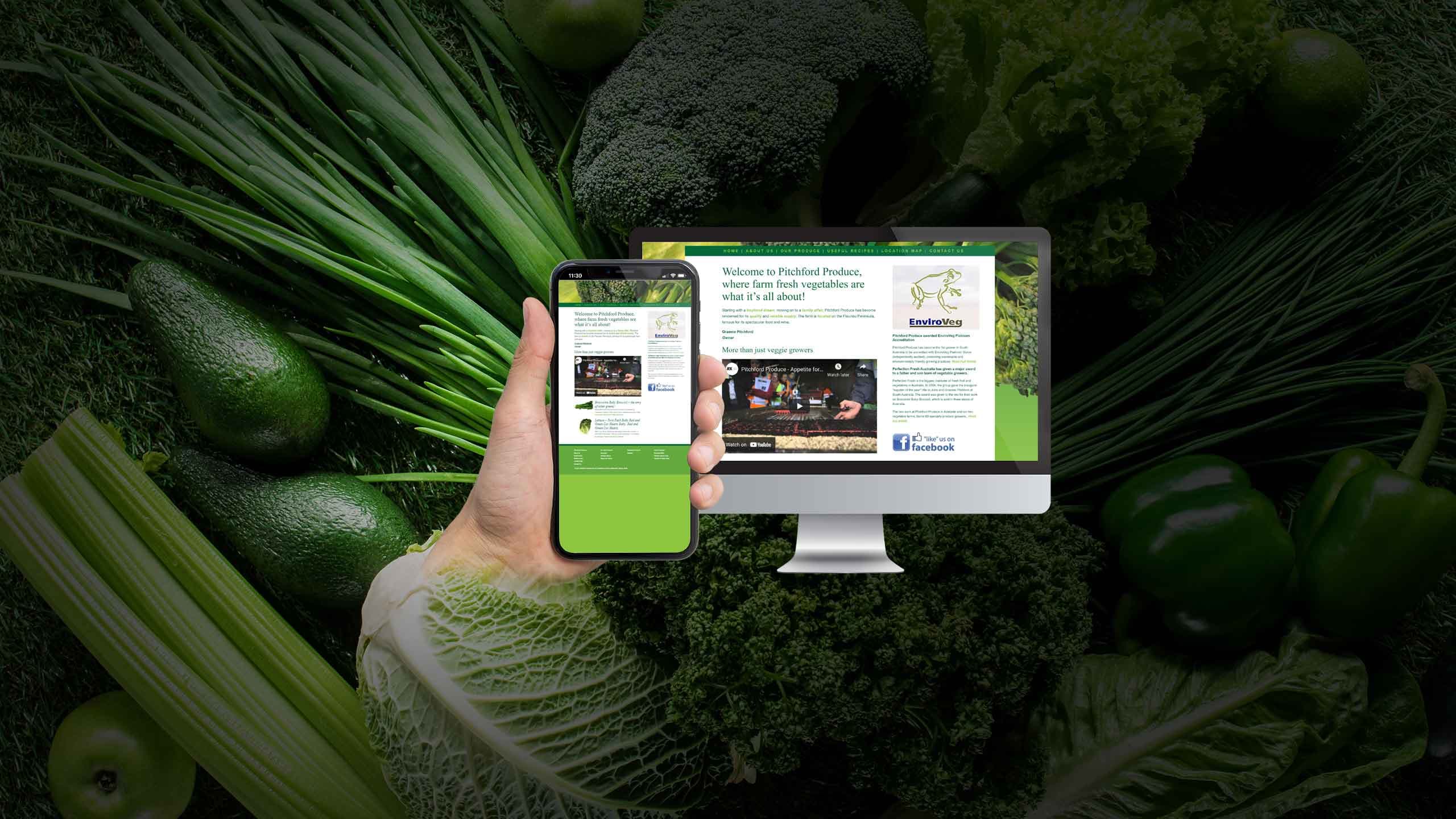Pitchford Produce website displayed on a desktop monitor and smartphone against a backdrop of fresh green vegetables