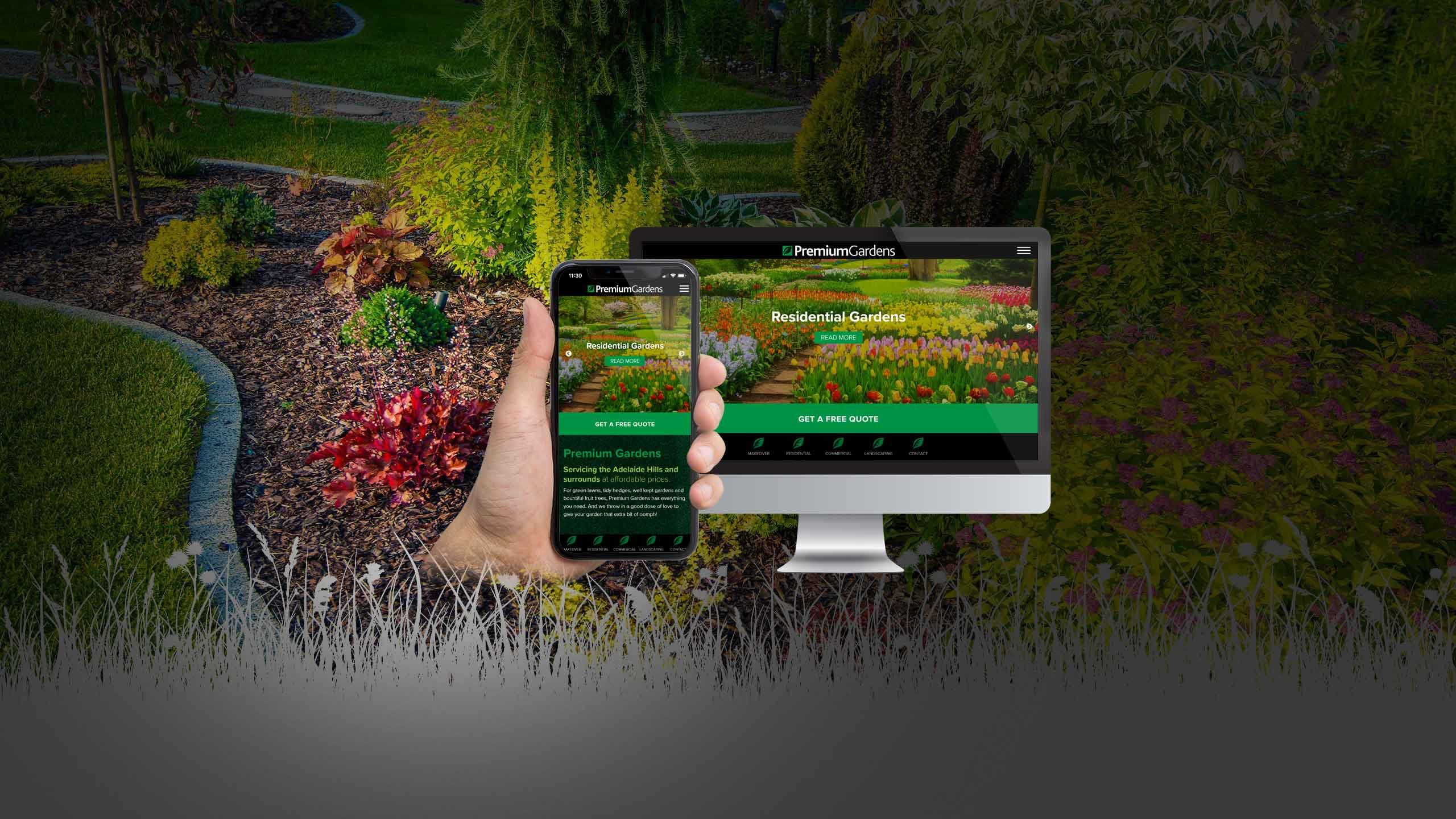 Premium Gardens website on desktop and mobile devices over a landscaped garden with tulips