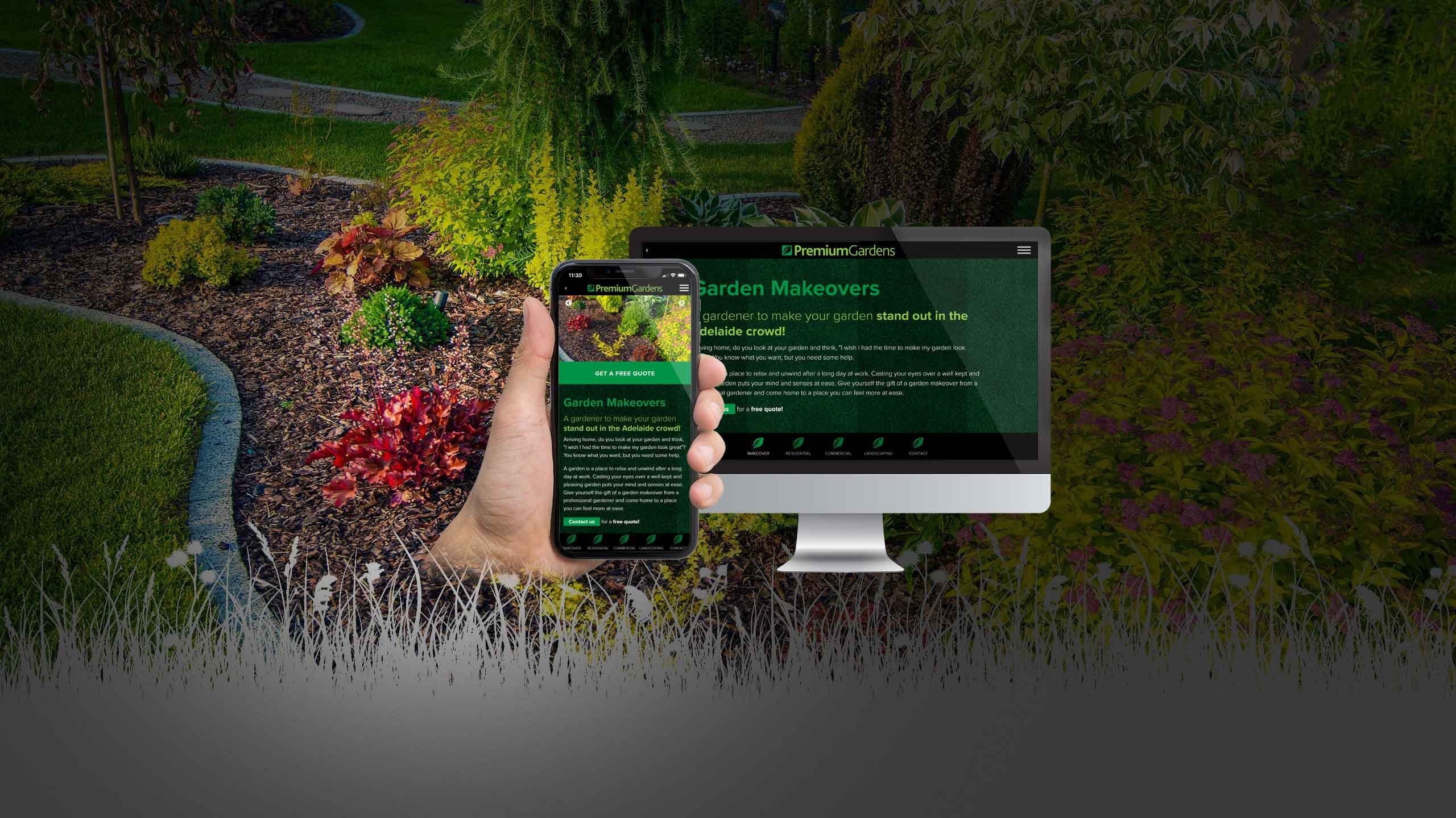 Premium Gardens garden makeovers page on desktop and mobile devices over a landscaped garden