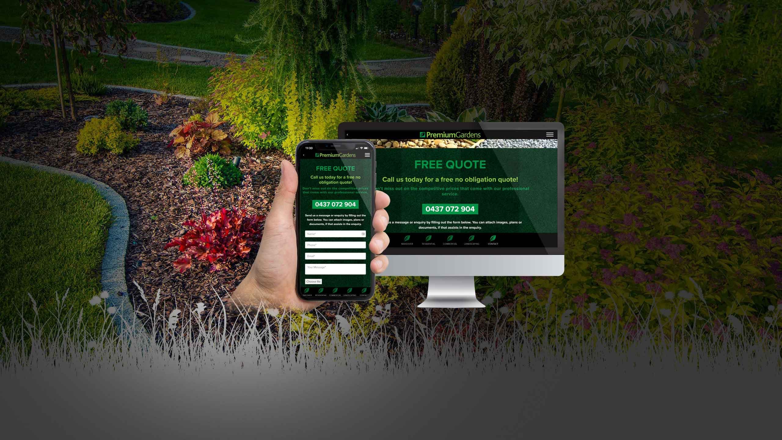 Premium Gardens free quote page on desktop and mobile devices over a landscaped garden