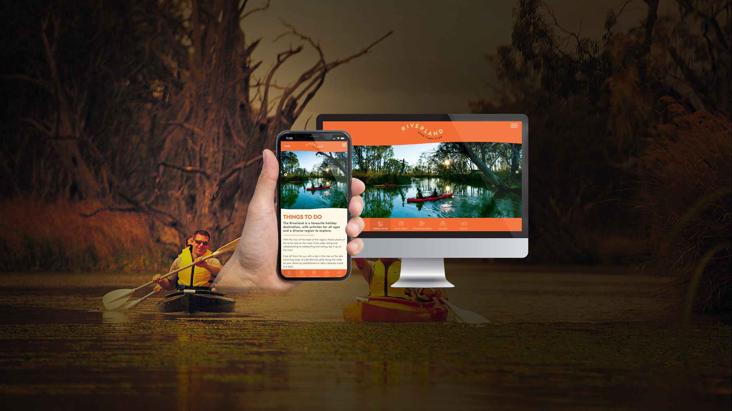 Riverland tourism website Things To Do page on a desktop monitor and smartphone, with a kayaker on the river