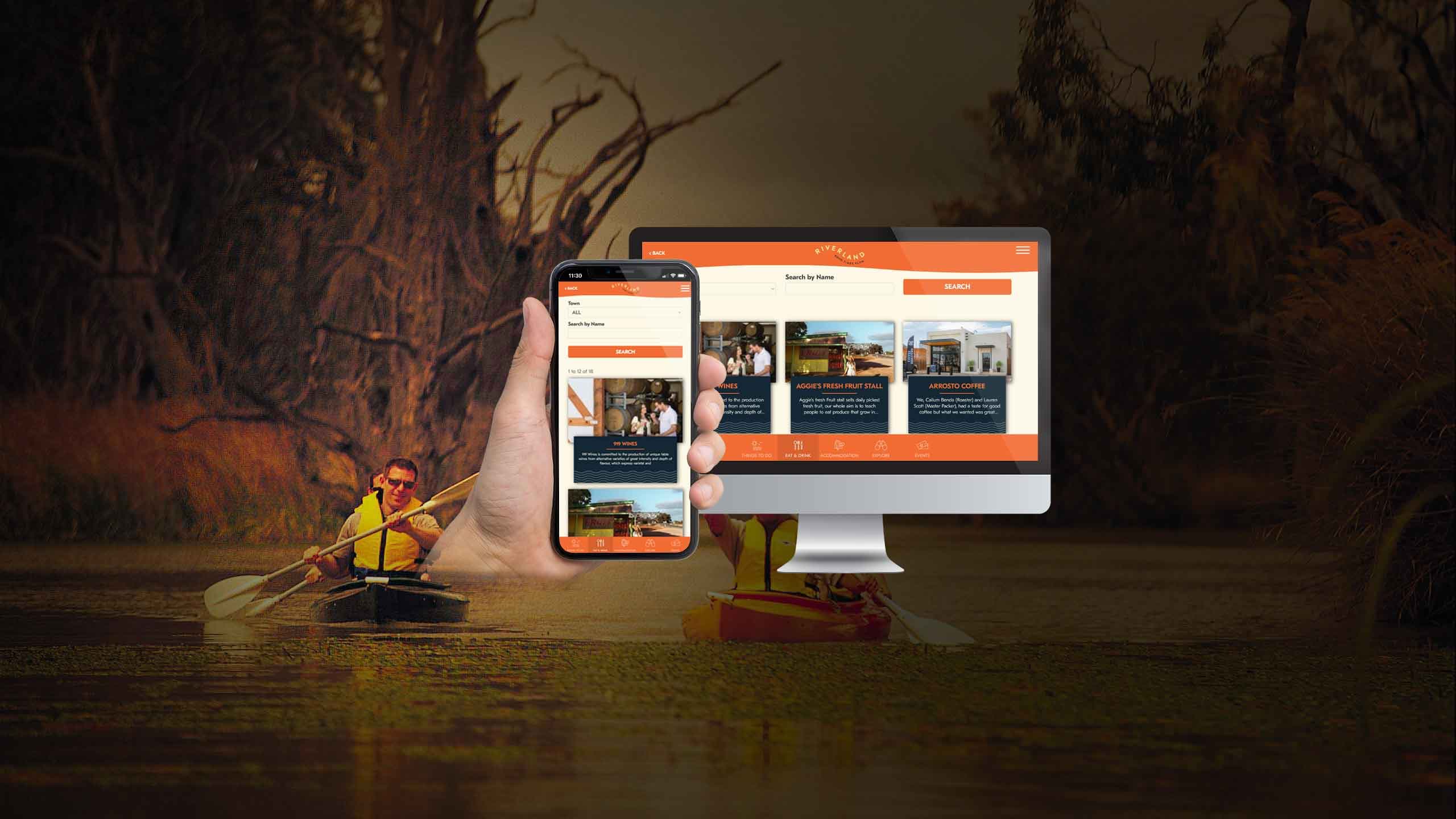 Riverland tourism website Eat and Drink page on a desktop monitor and smartphone, with a kayaker on the river