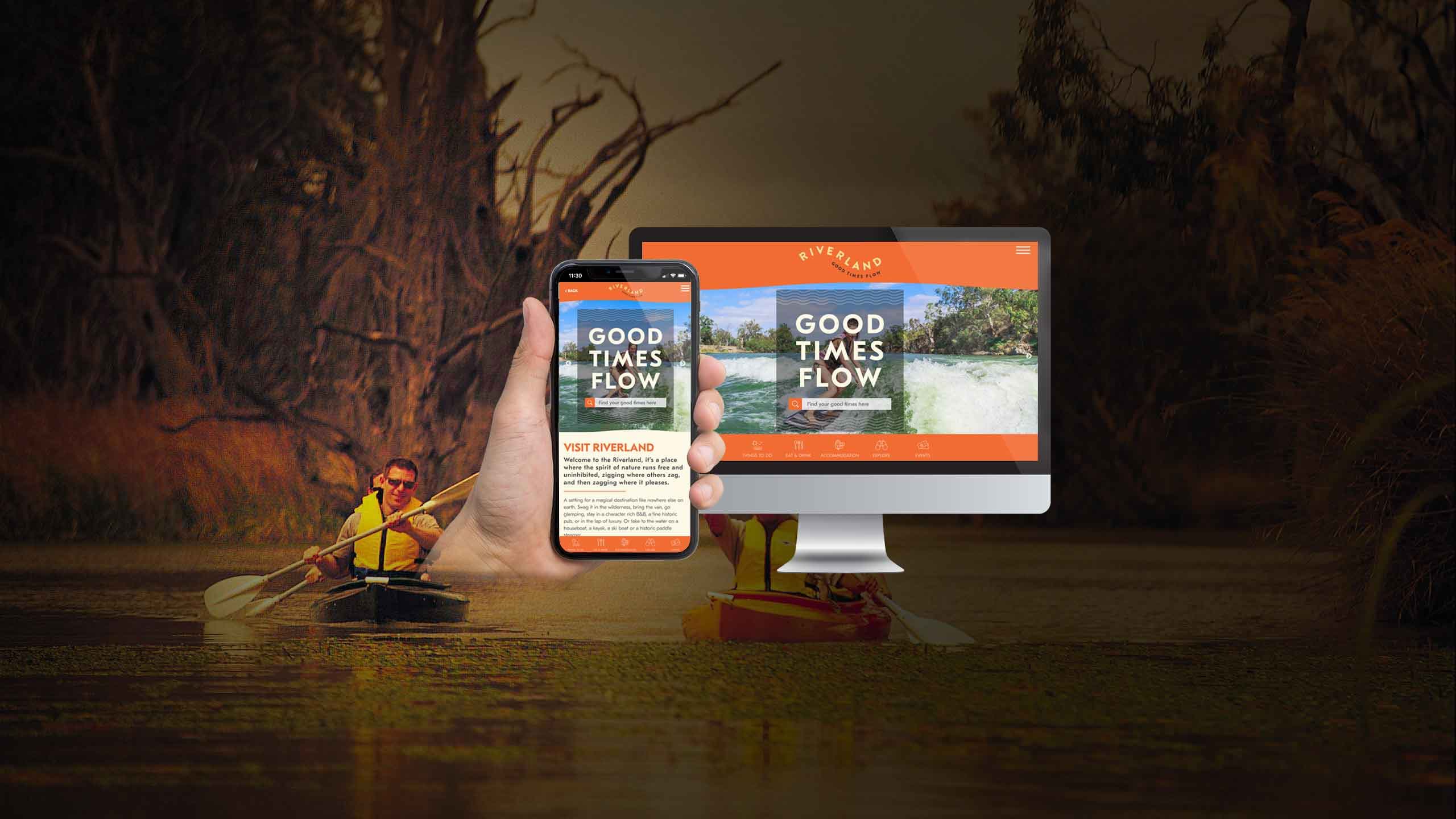 Riverland tourism website homepage on a desktop monitor and smartphone, with a kayaker on the river behind