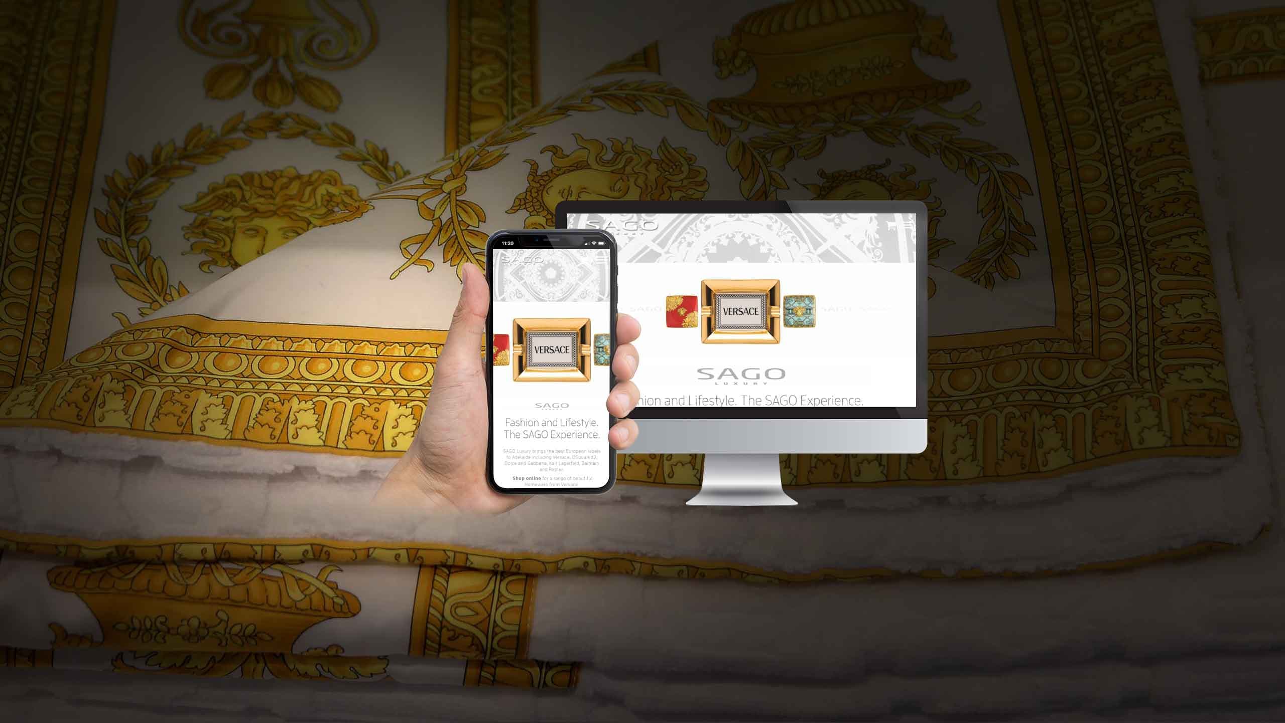 SAGO Luxury website mockup on a desktop monitor and smartphone over a Versace-patterned background