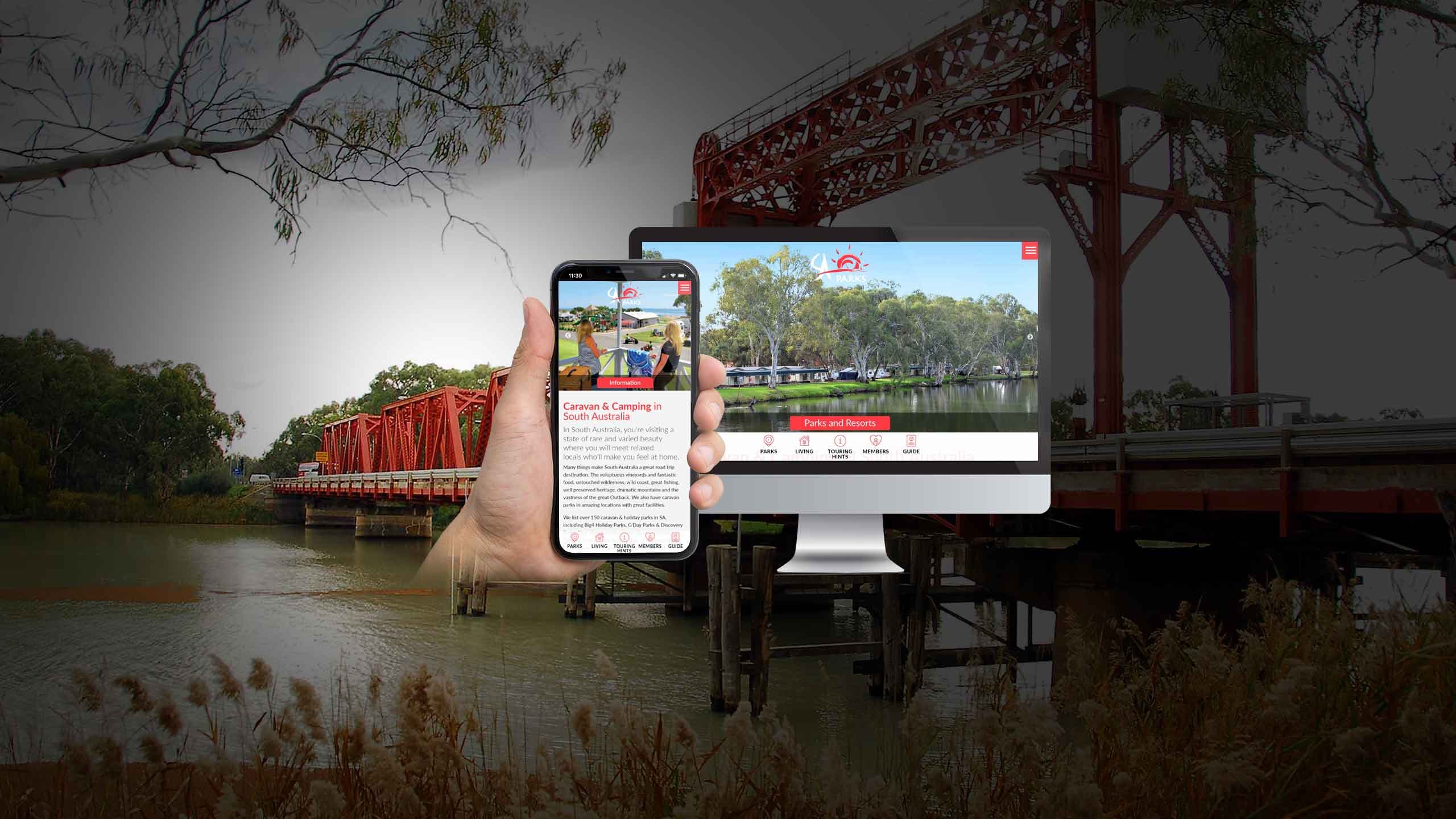 SA Parks homepage on desktop and mobile screens over a river and historic bridge