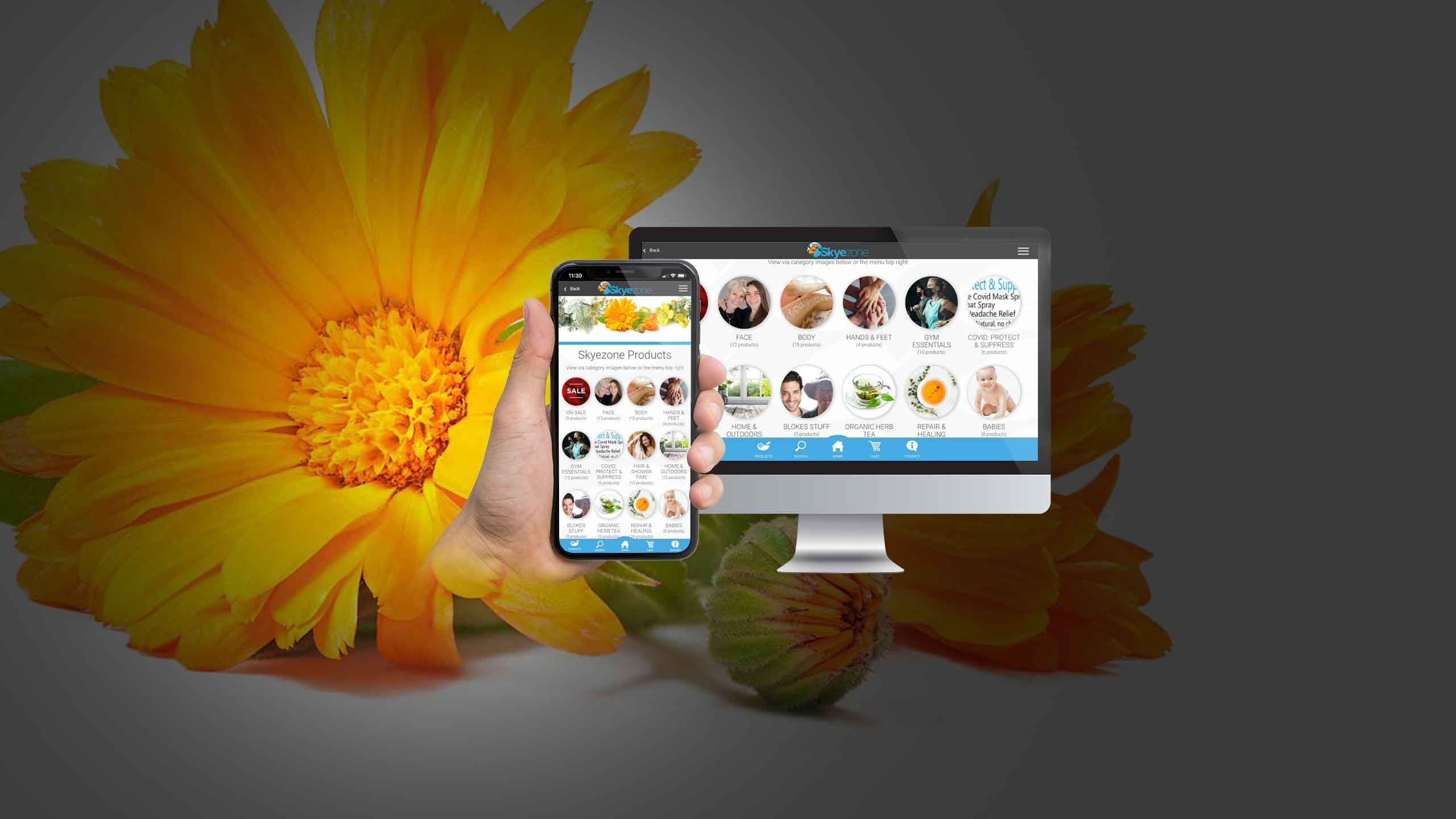 Skyezone website products page displayed on a desktop monitor and smartphone against a marigold flower backdrop