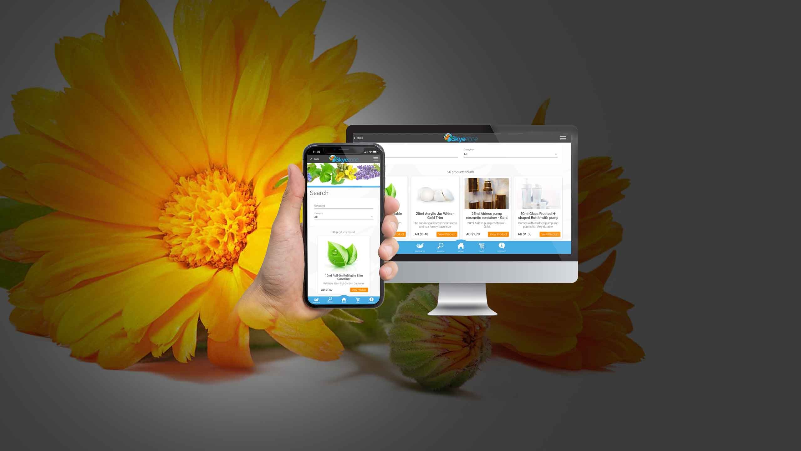 Skyezone website search page displayed on a desktop monitor and smartphone against a marigold flower backdrop