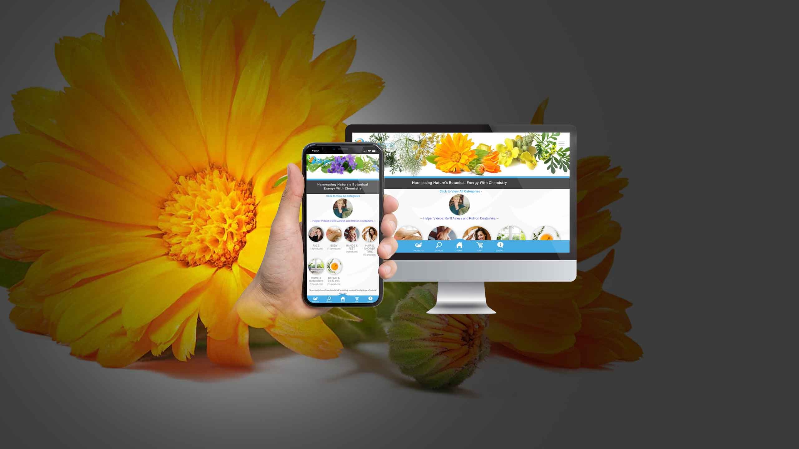 Skyezone website homepage displayed on a desktop monitor and smartphone against a marigold flower backdrop