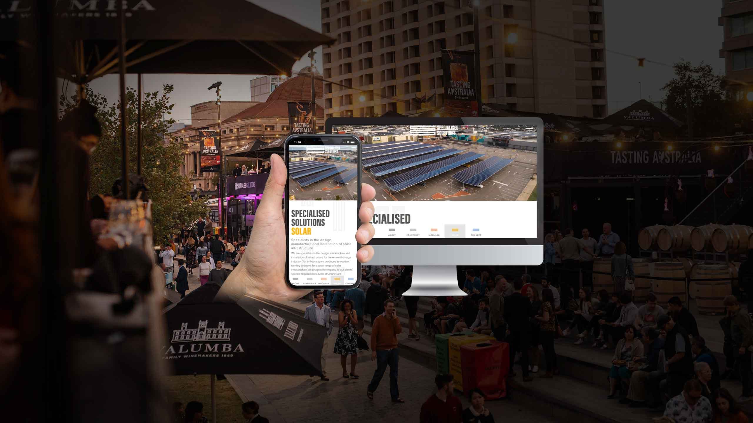 Specialised Solutions website Solar page on desktop and smartphone over a busy Adelaide laneway scene