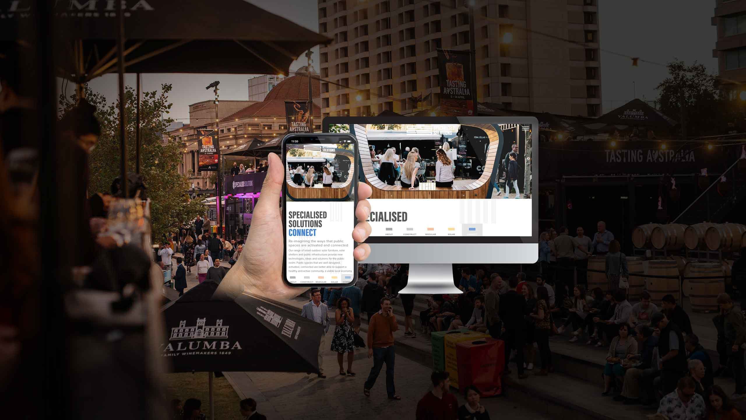 Specialised Solutions website Connect page on desktop and smartphone over a busy Adelaide laneway scene