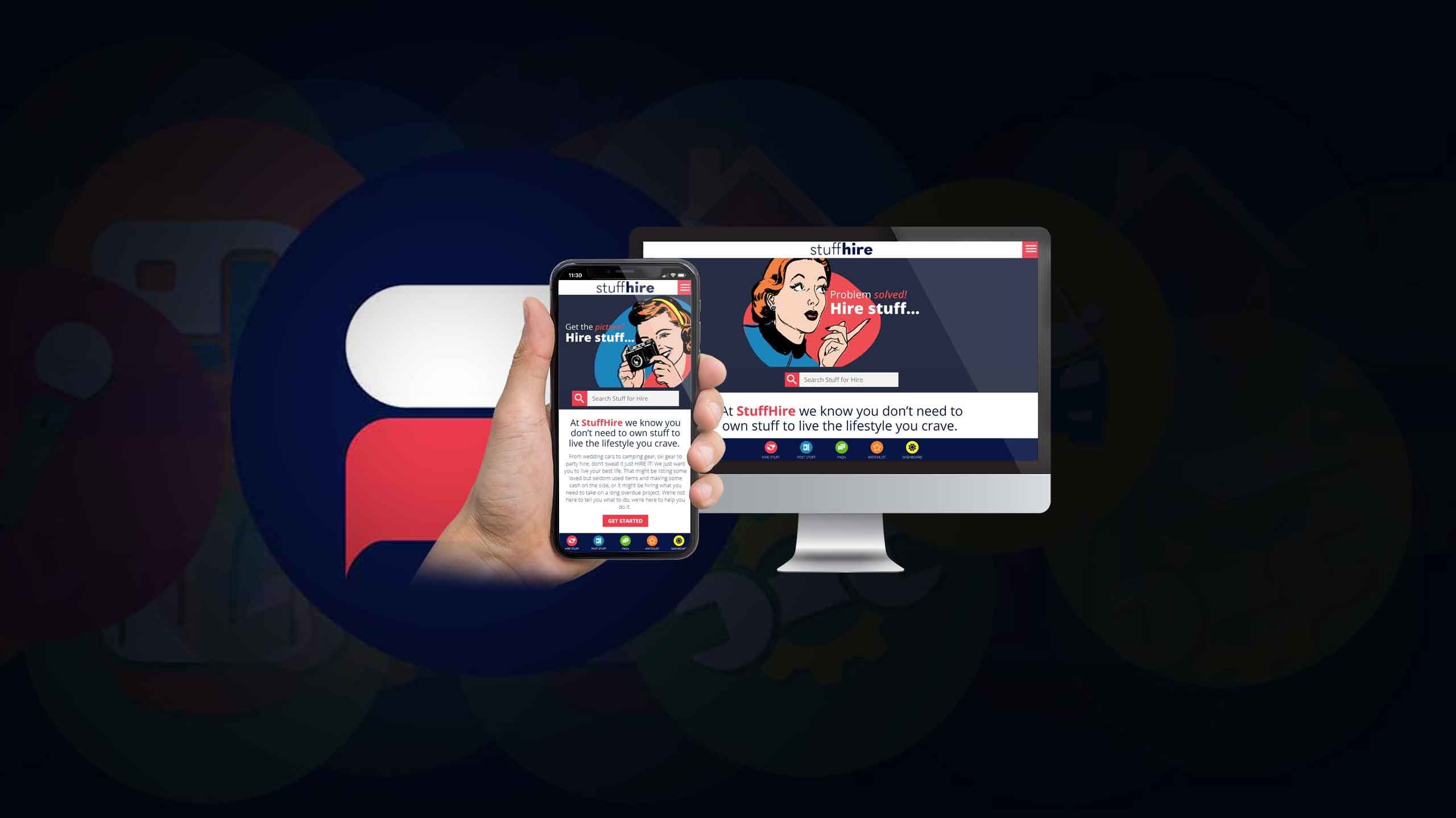 StuffHire website displayed on a desktop monitor and smartphone against a dark branded backdrop