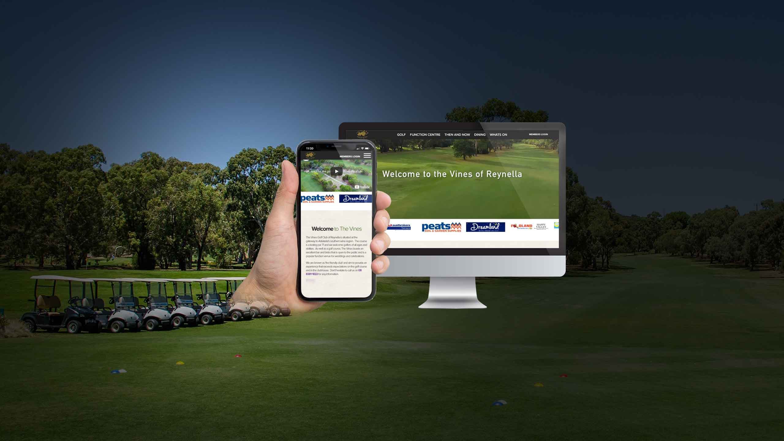 The Vines Golf Club website on a desktop monitor and smartphone beside a row of golf carts at dusk