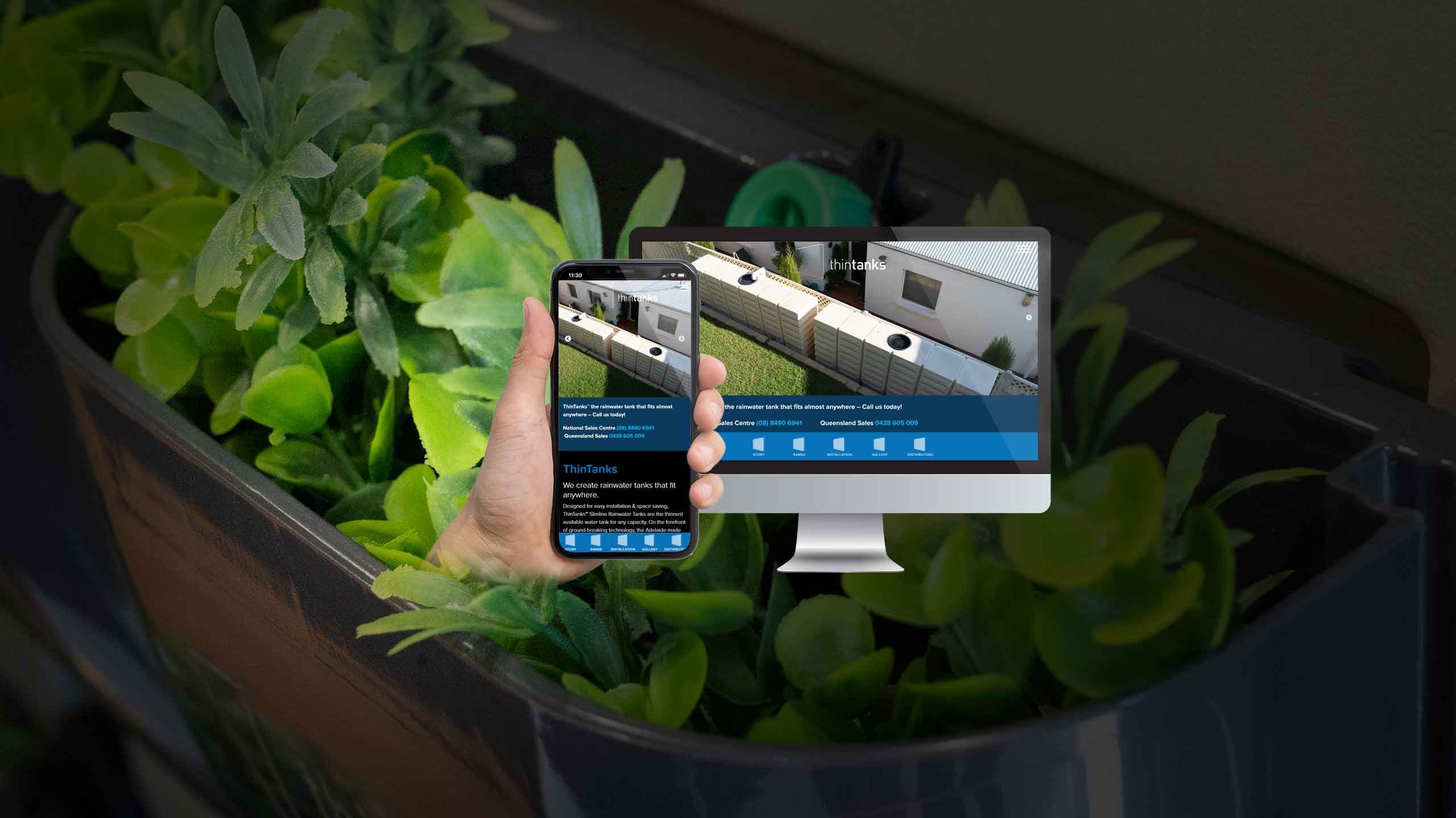 ThinTanks website on a desktop monitor and smartphone, with slimline rainwater tanks installed in a garden