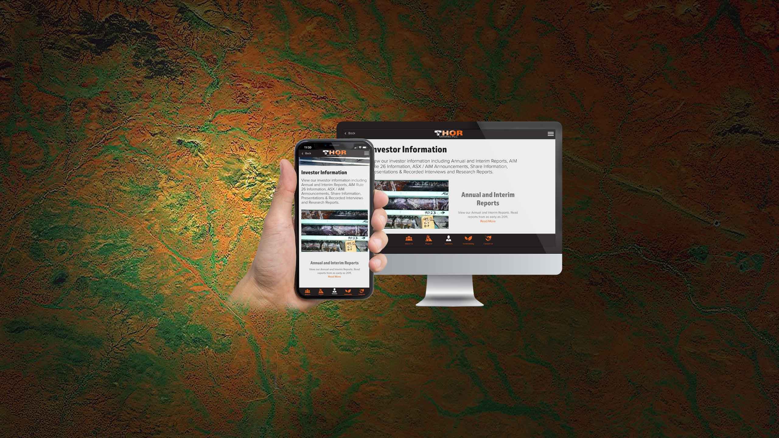 Thor Mining Investor Information page displayed on a desktop monitor and smartphone over an outback texture