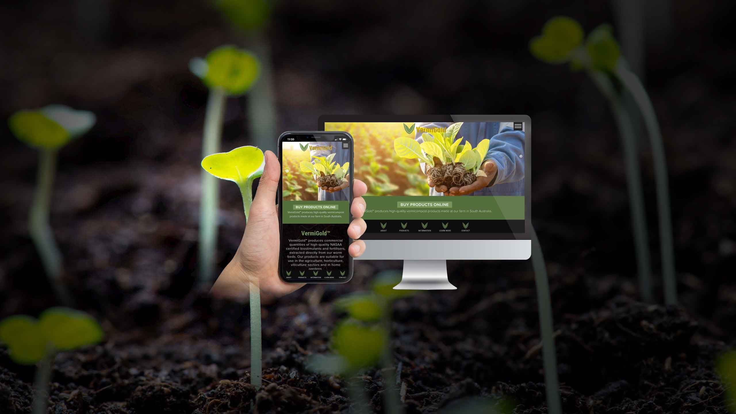 VermiGold website shown on a desktop monitor and smartphone amid seedlings sprouting from soil