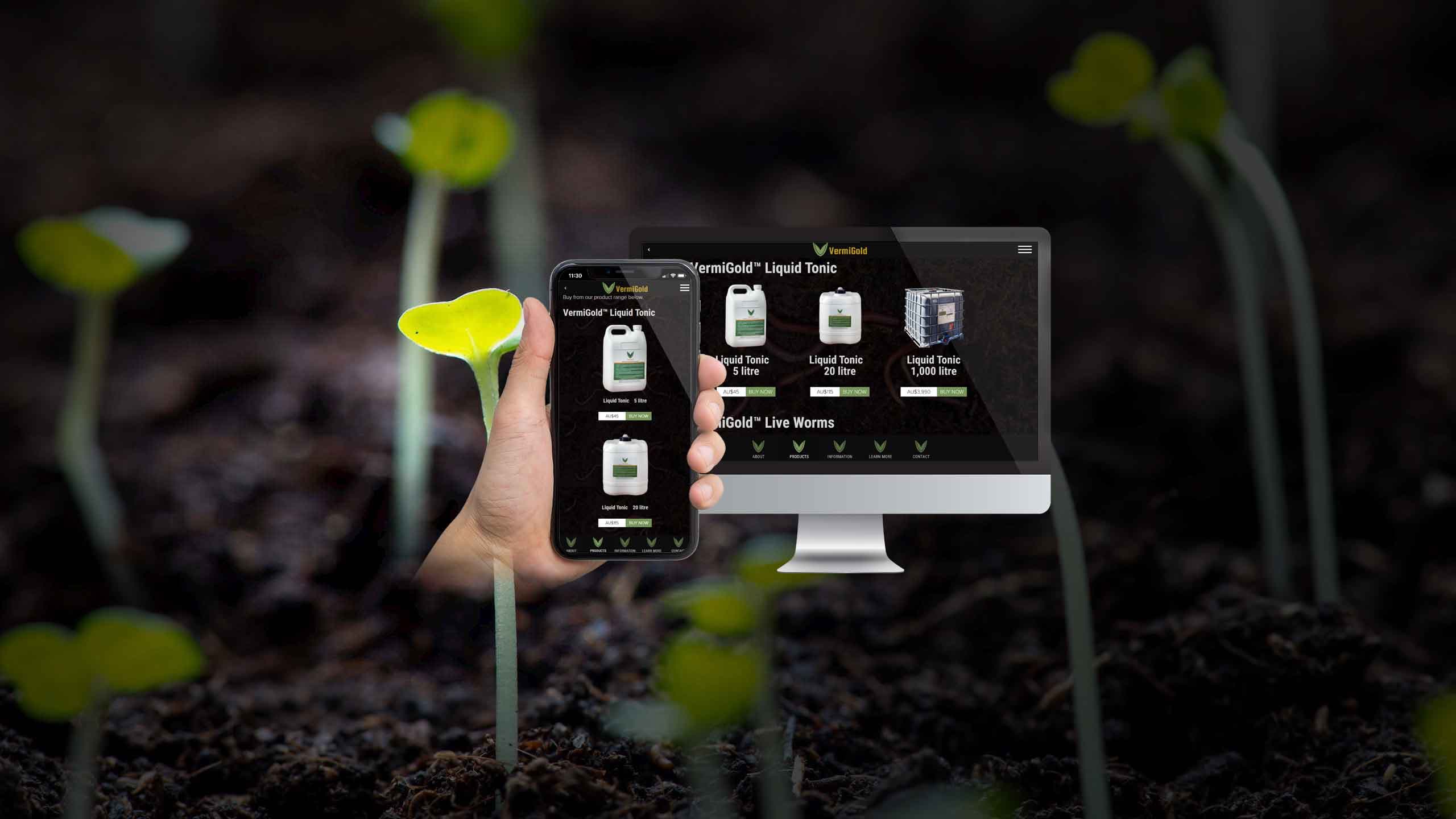 VermiGold liquid tonic product page shown on a desktop monitor and smartphone amid seedlings