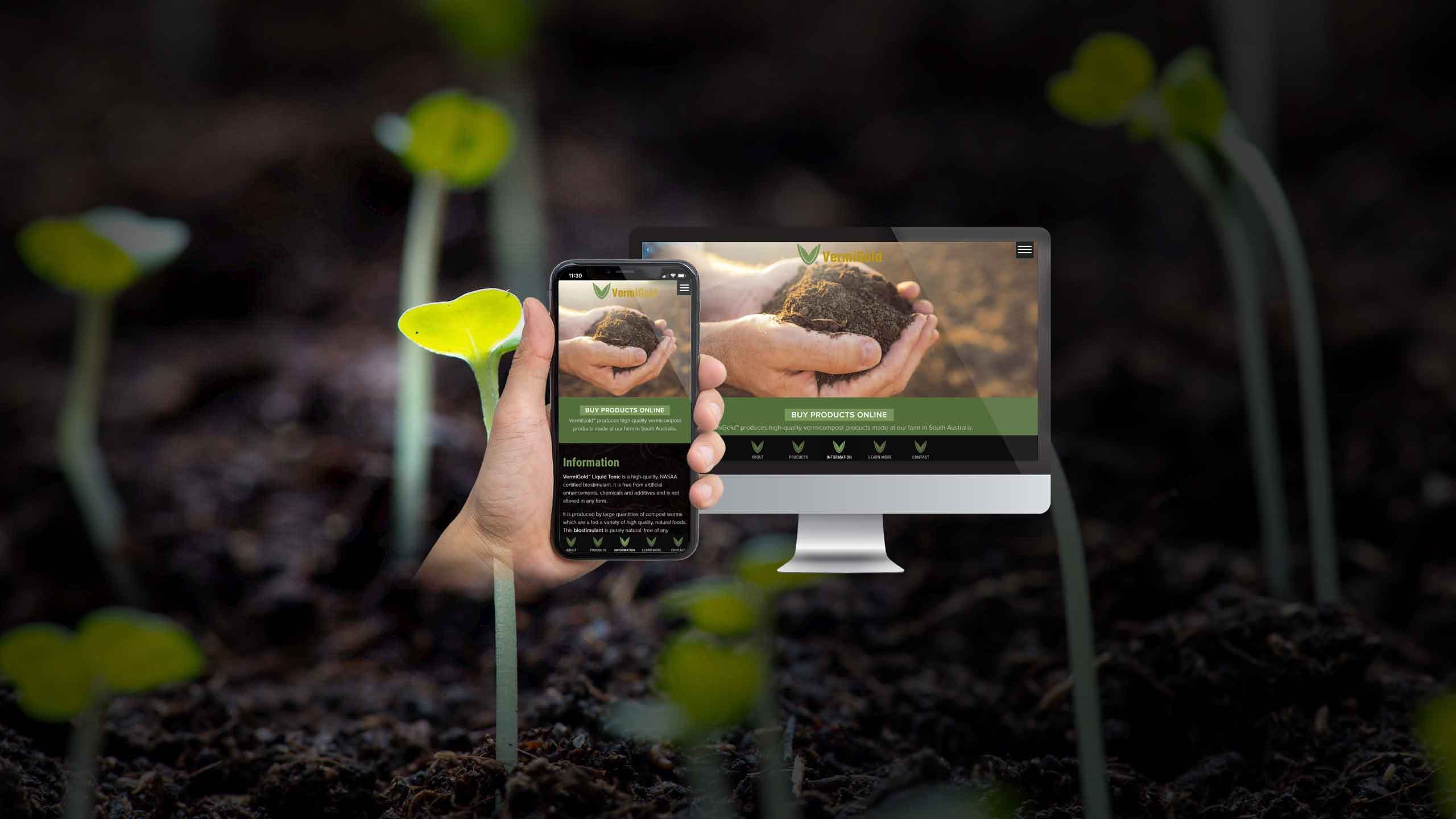 VermiGold website shown on a desktop monitor and smartphone amid seedlings sprouting from soil