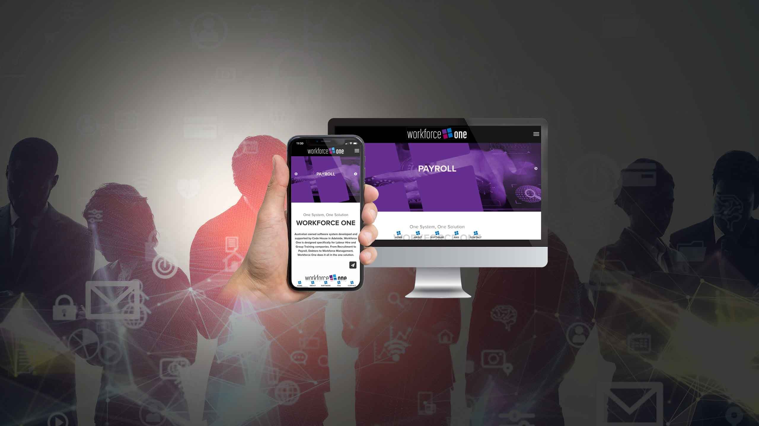 Workforce One website homepage on desktop and mobile, set against silhouettes of business professionals
