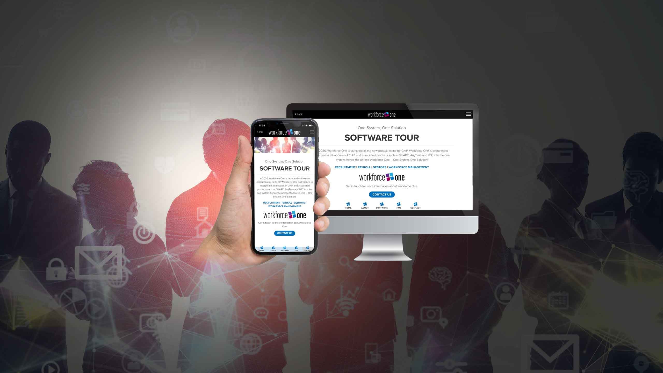 Workforce One website Software Tour page on desktop and mobile, set against silhouettes of business professionals