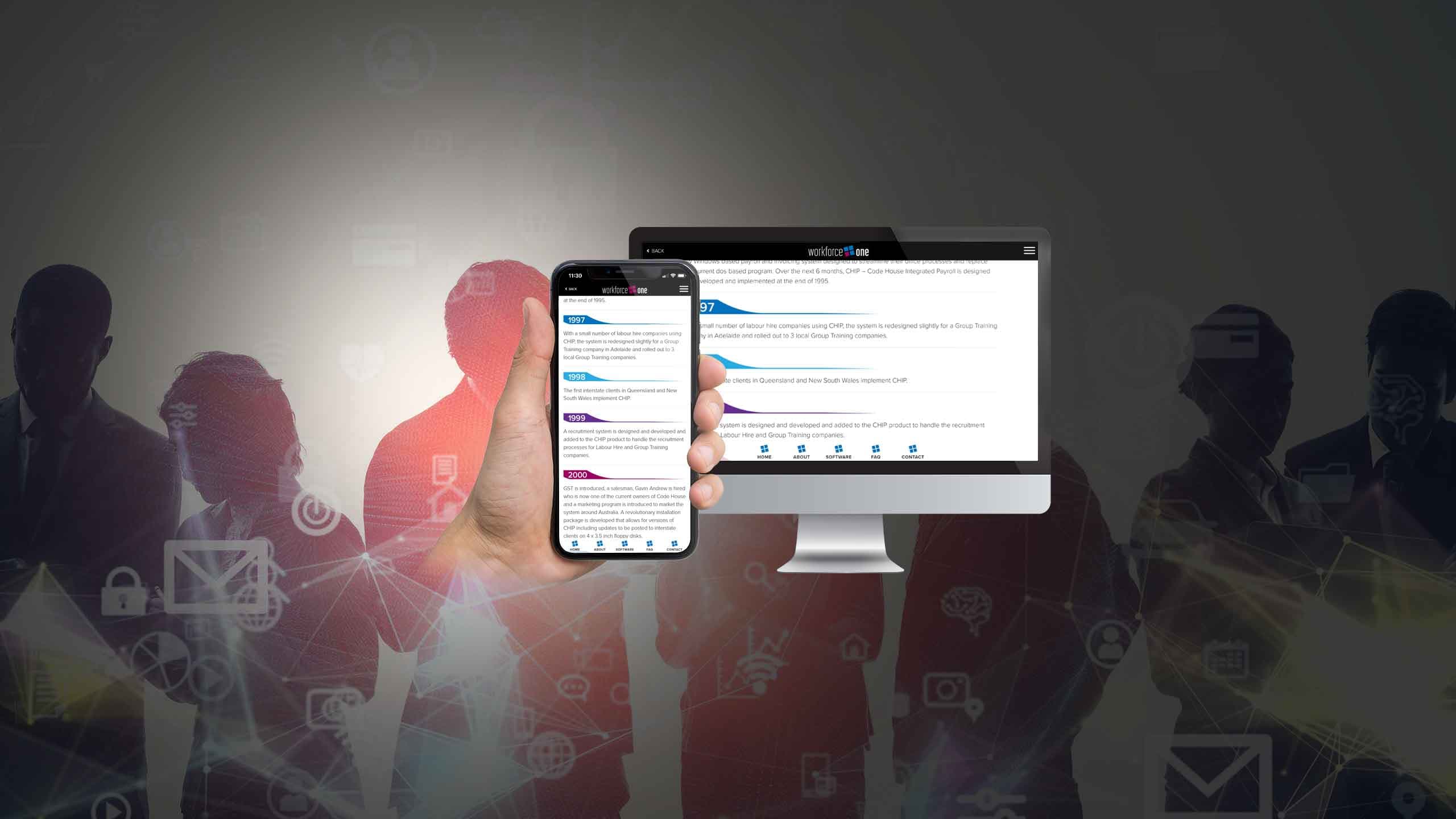 Workforce One website history timeline page on desktop and mobile, set against silhouettes of business people