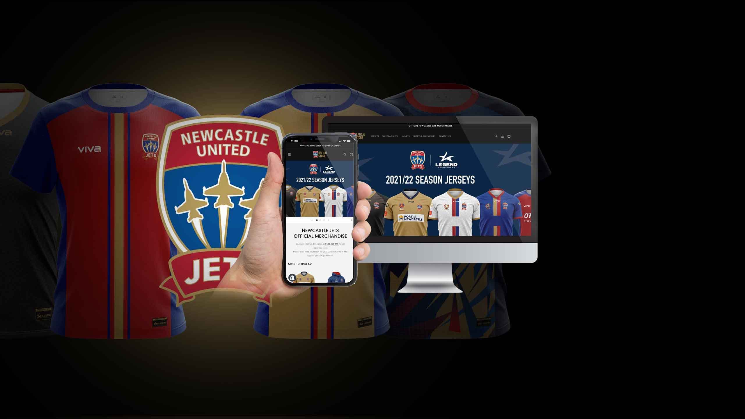 Newcastle Jets Official Merchandise store displayed on a desktop monitor and smartphone against team jerseys