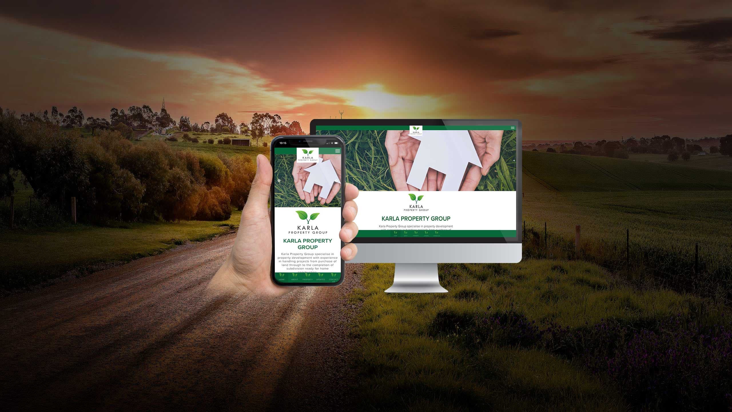 Karla Property Group homepage shown on a desktop monitor and smartphone over a country road at sunset