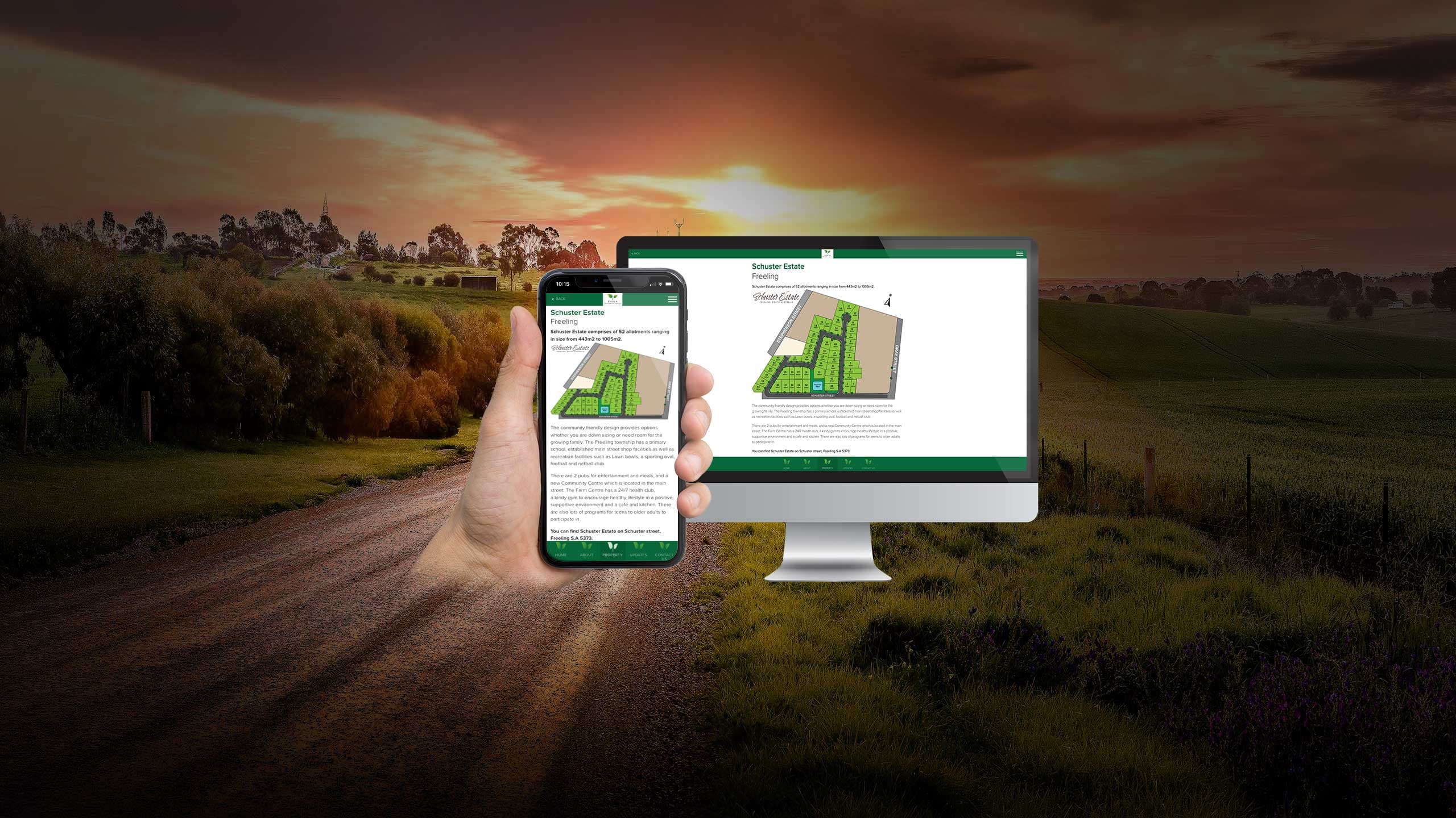 Karla Property Group Schuster Estate page shown on a desktop monitor and smartphone over a country road