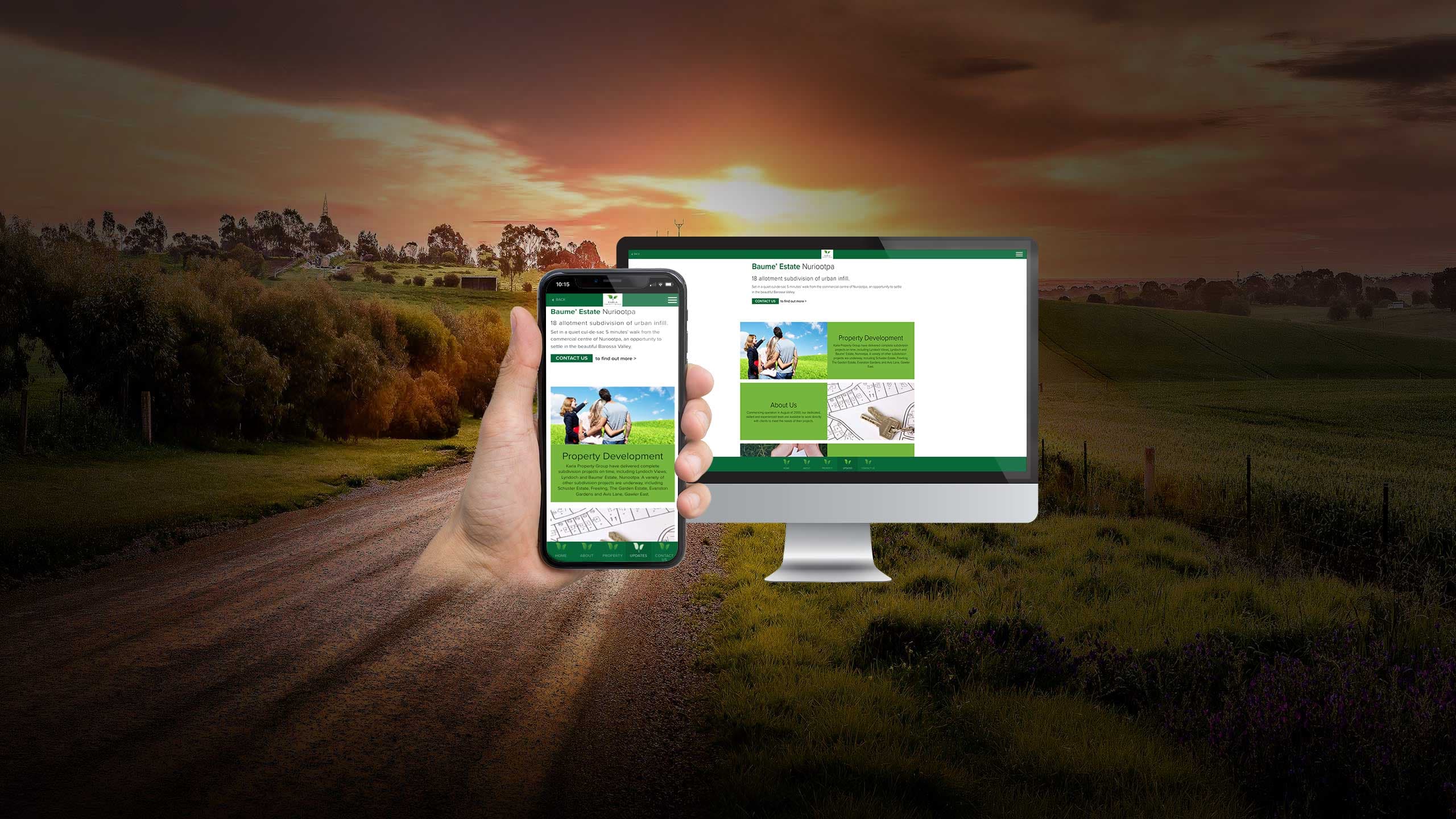 Karla Property Group Baume Estate page shown on a desktop monitor and smartphone over a country road
