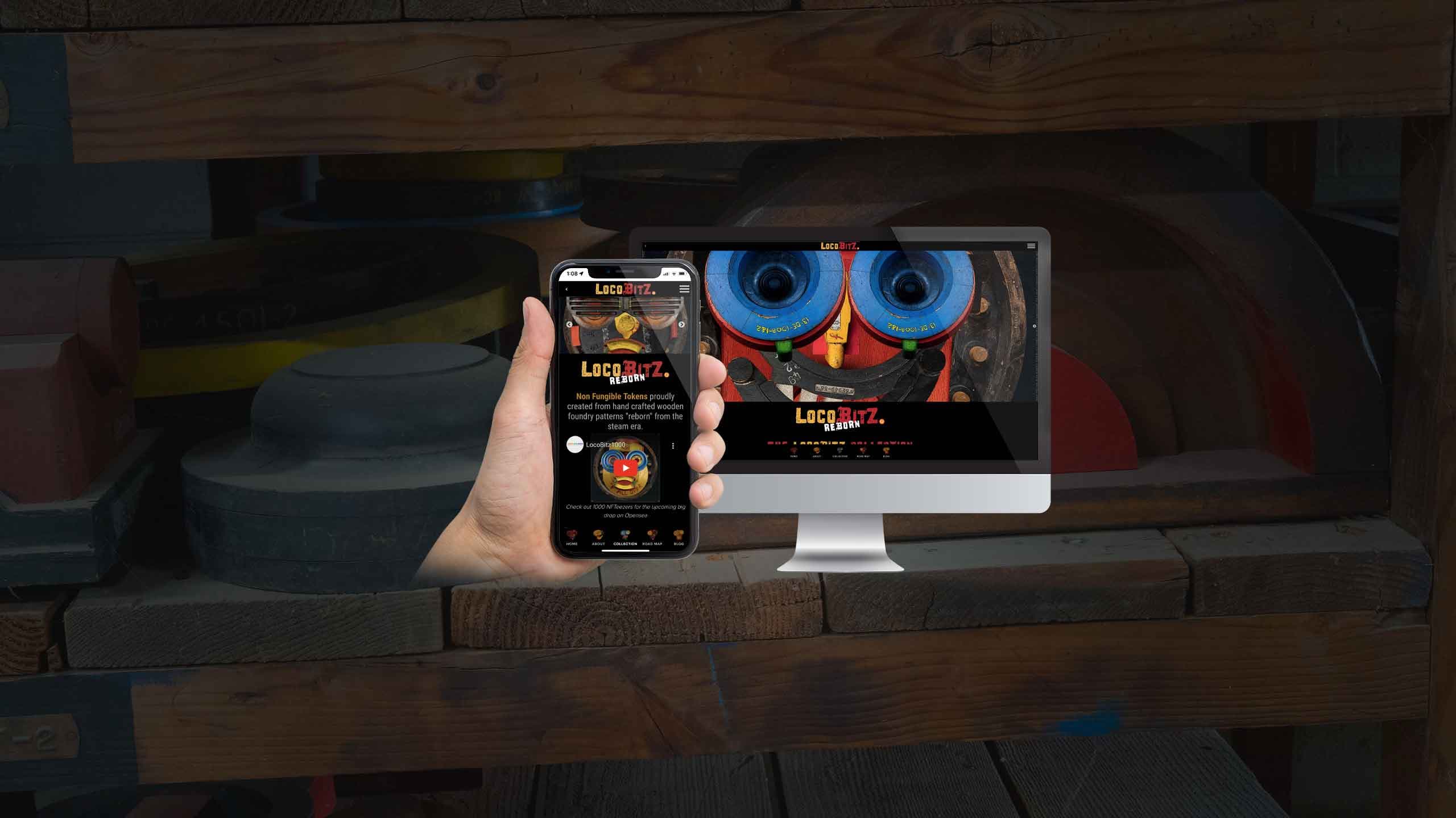 LocoBitz website displayed on a desktop monitor and smartphone over a close-up of a blue-eyed robot-face foundry pattern