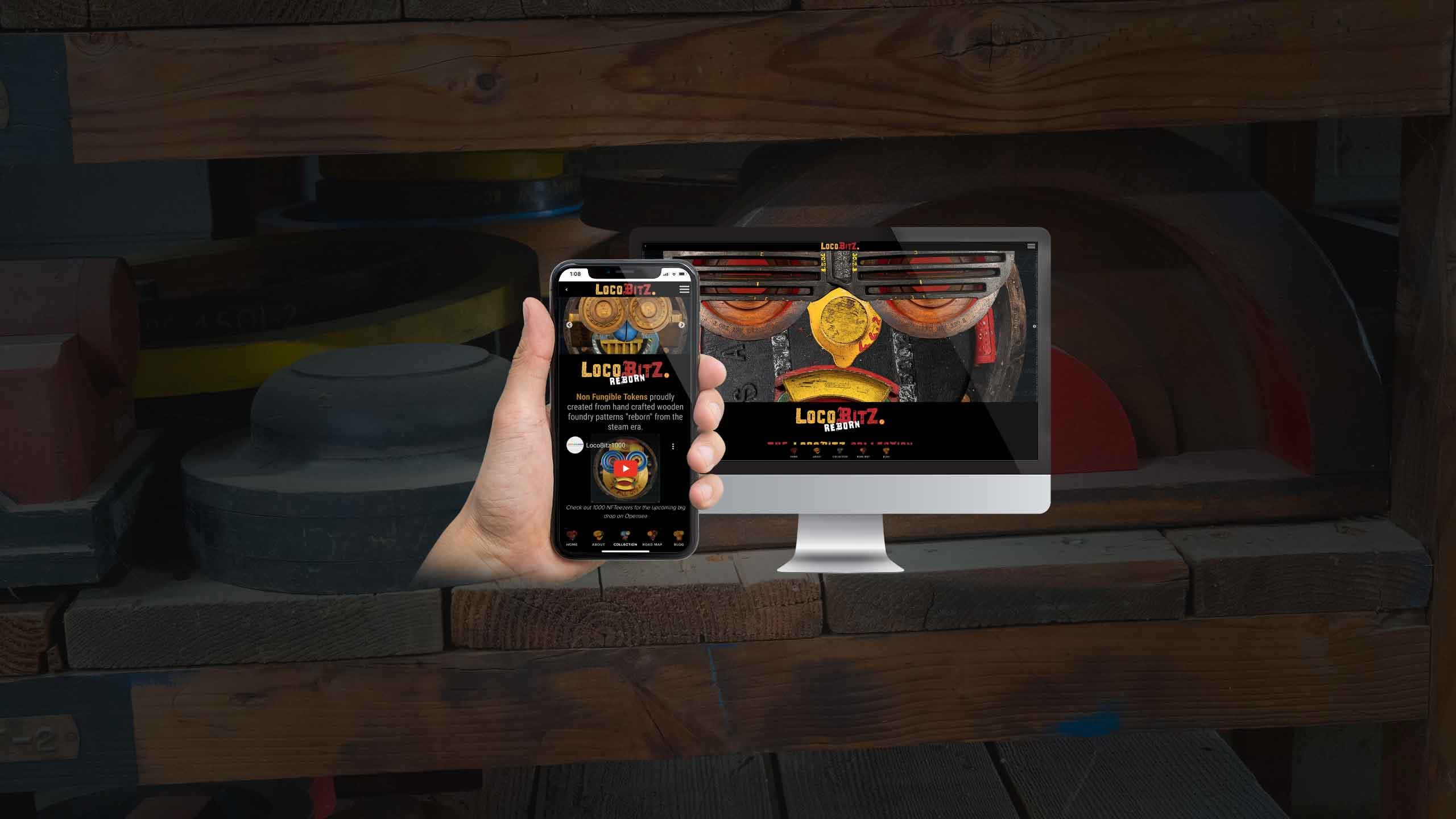 LocoBitz website displayed on a desktop monitor and smartphone over a close-up of a wooden gear robot-face artwork