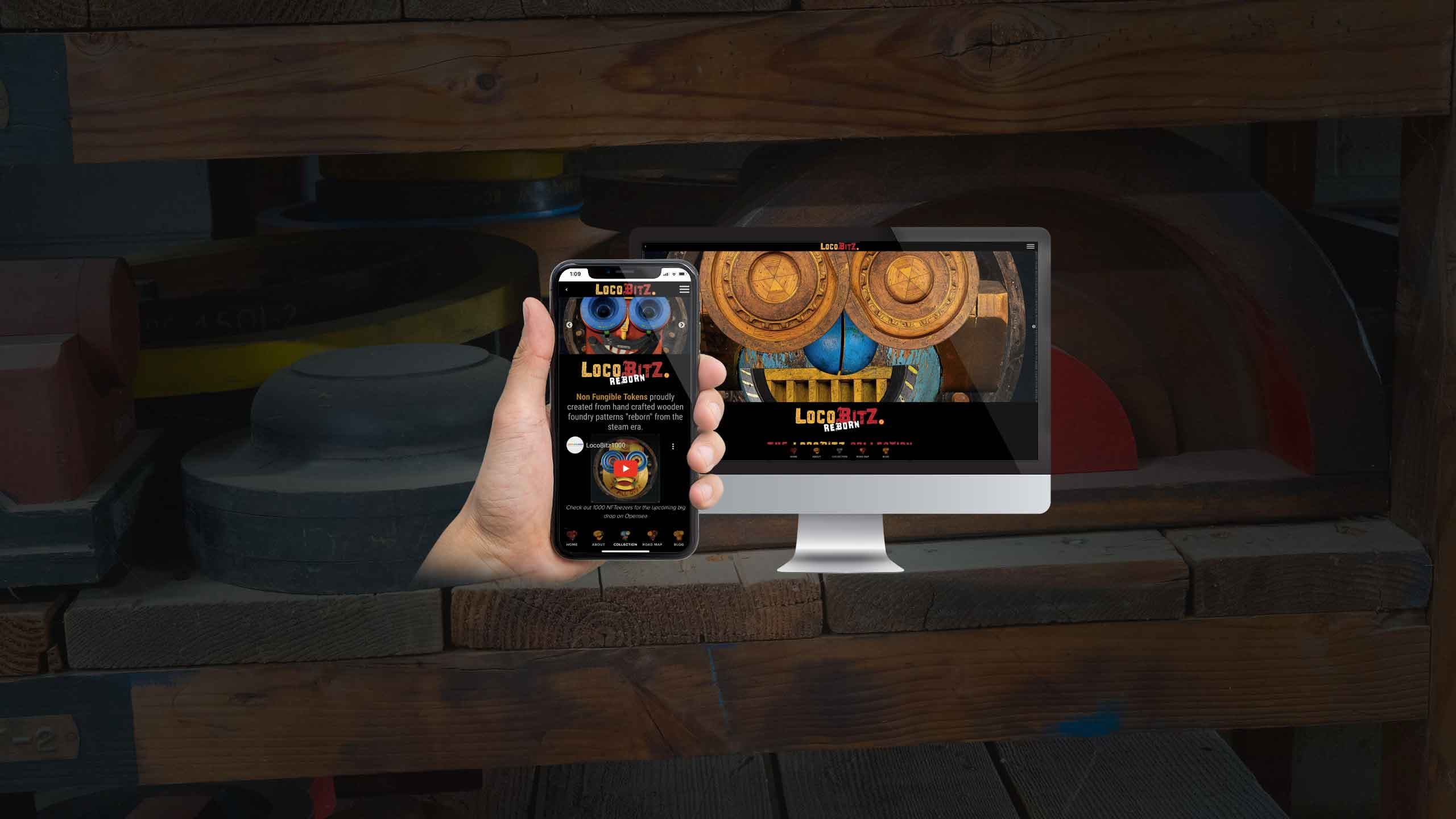LocoBitz website displayed on a desktop monitor and smartphone in a timber workshop setting with robot-face artwork