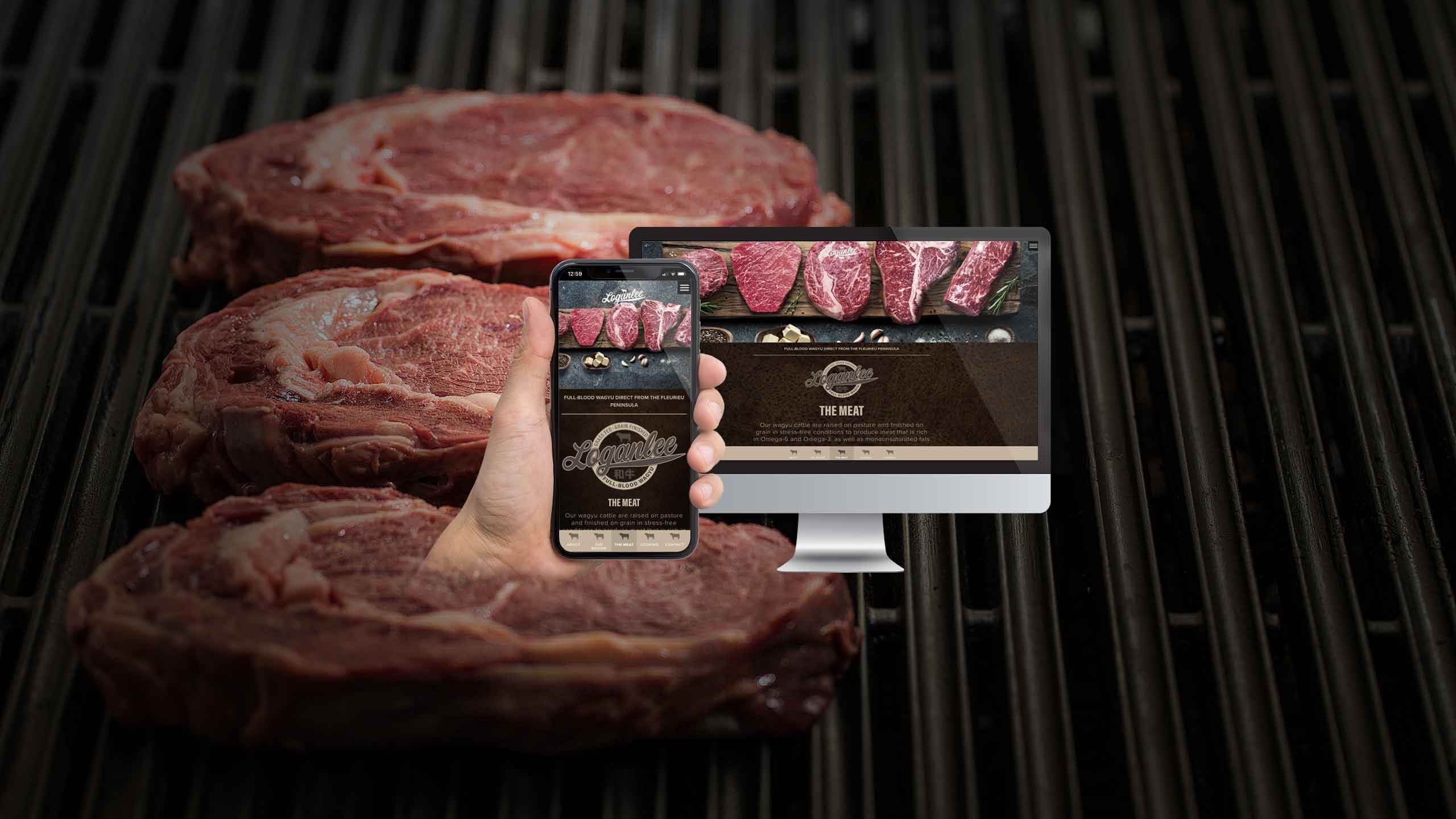 Loganlee Wagyu website The Meat page on a desktop monitor and smartphone over raw wagyu cuts
