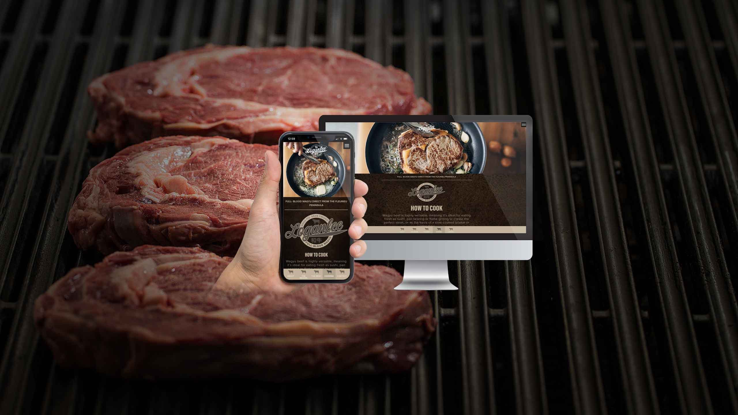Loganlee Wagyu website How to Cook page on a desktop monitor and smartphone over a wagyu steak on the grill