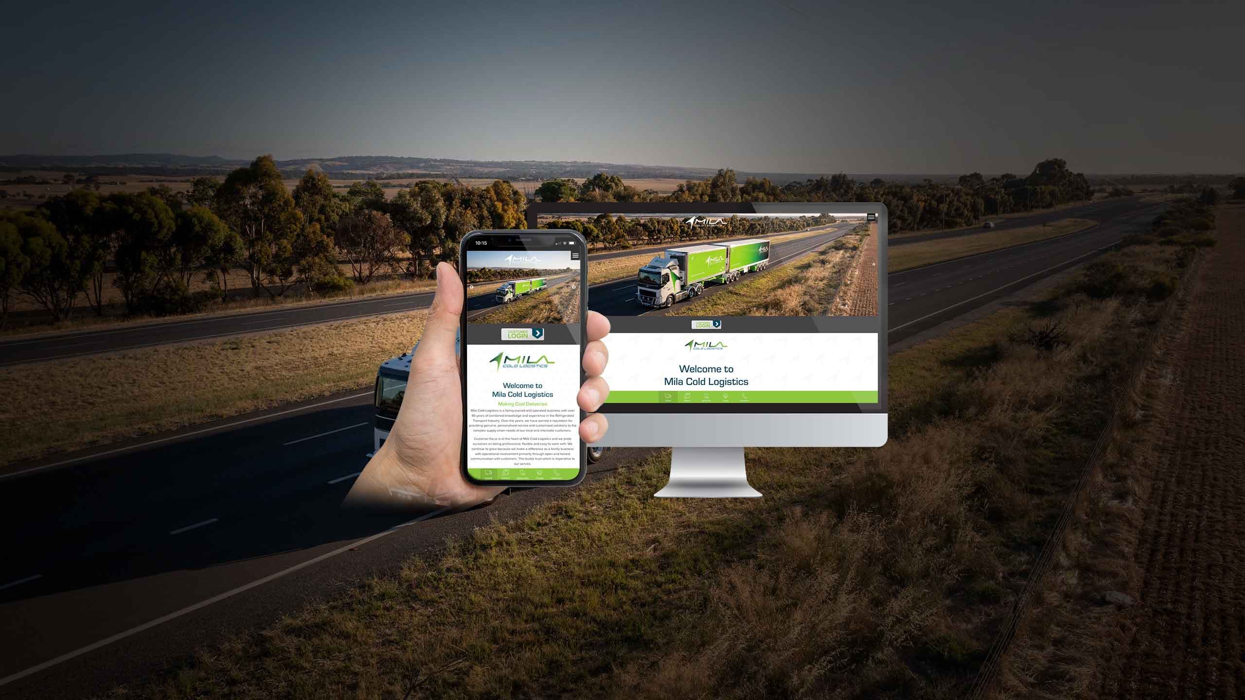 Mila Cold Logistics homepage on a desktop monitor and smartphone against a rural highway backdrop