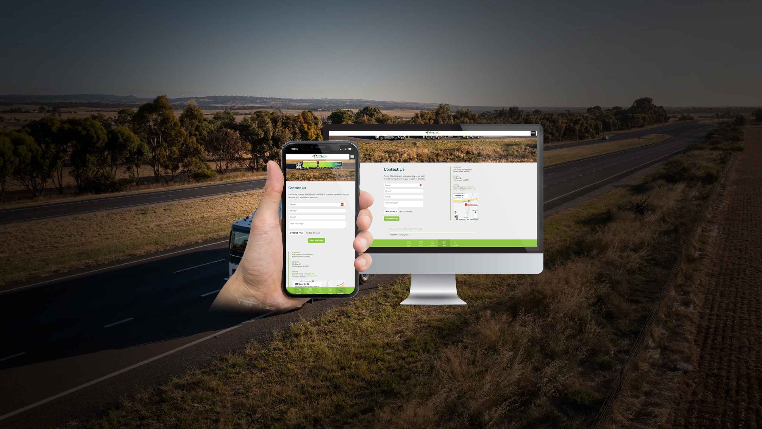 Mila Cold Logistics contact page on a desktop monitor and smartphone against a rural highway backdrop