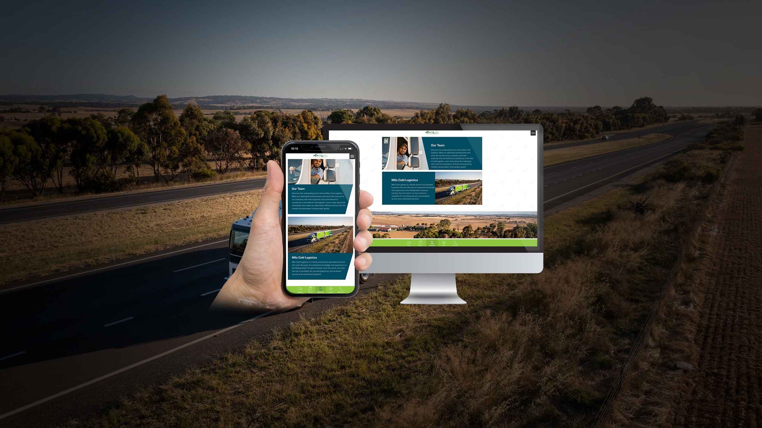 Mila Cold Logistics team page on a desktop monitor and smartphone against a rural highway backdrop